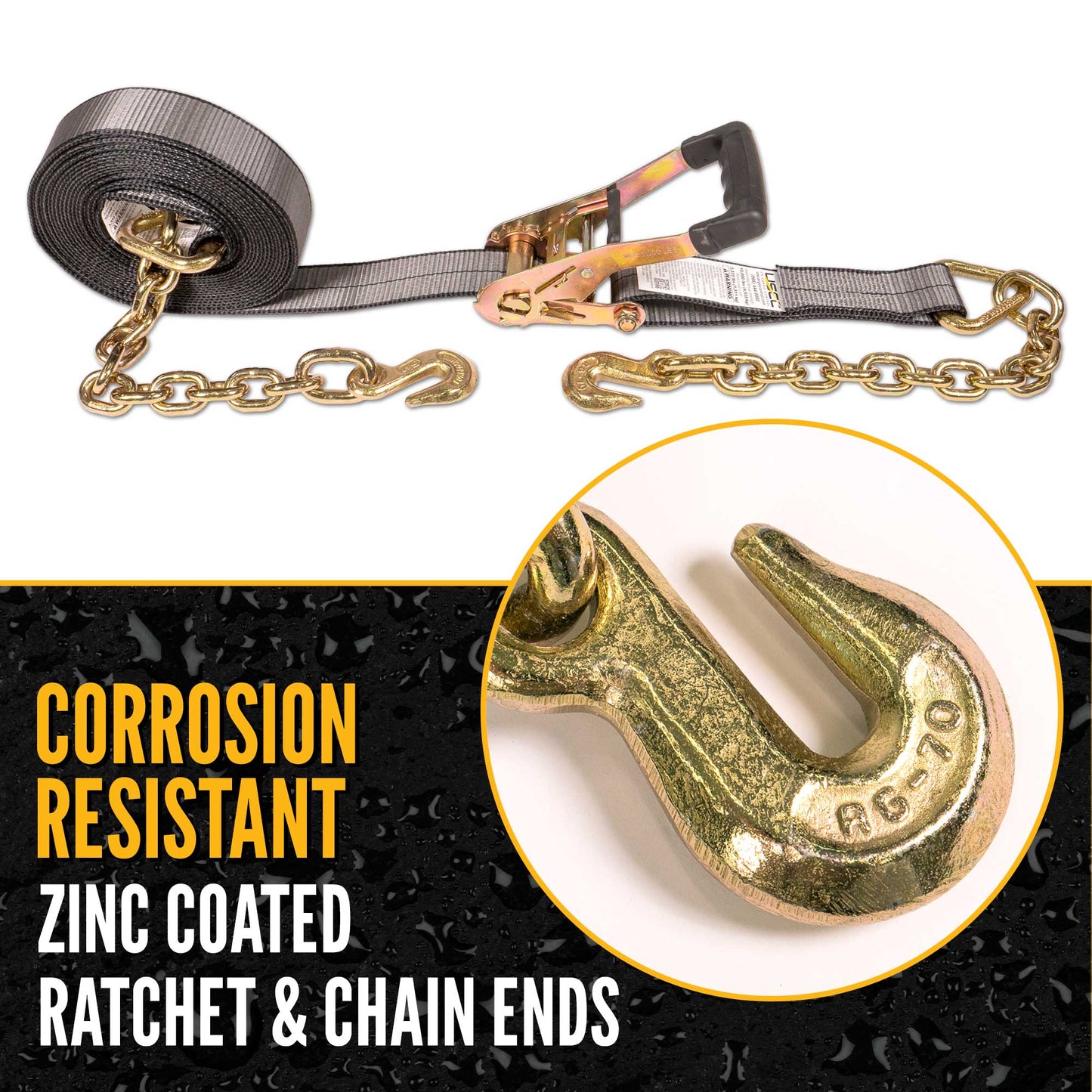 30' heavy-duty ratchet strap - corrosion resistant ratchet and chain ends