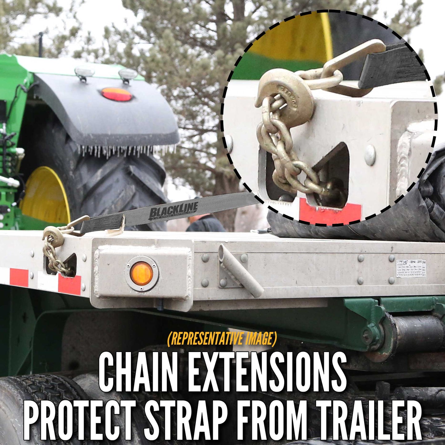 30' heavy-duty ratchet strap - chain ends protect strap from trailer