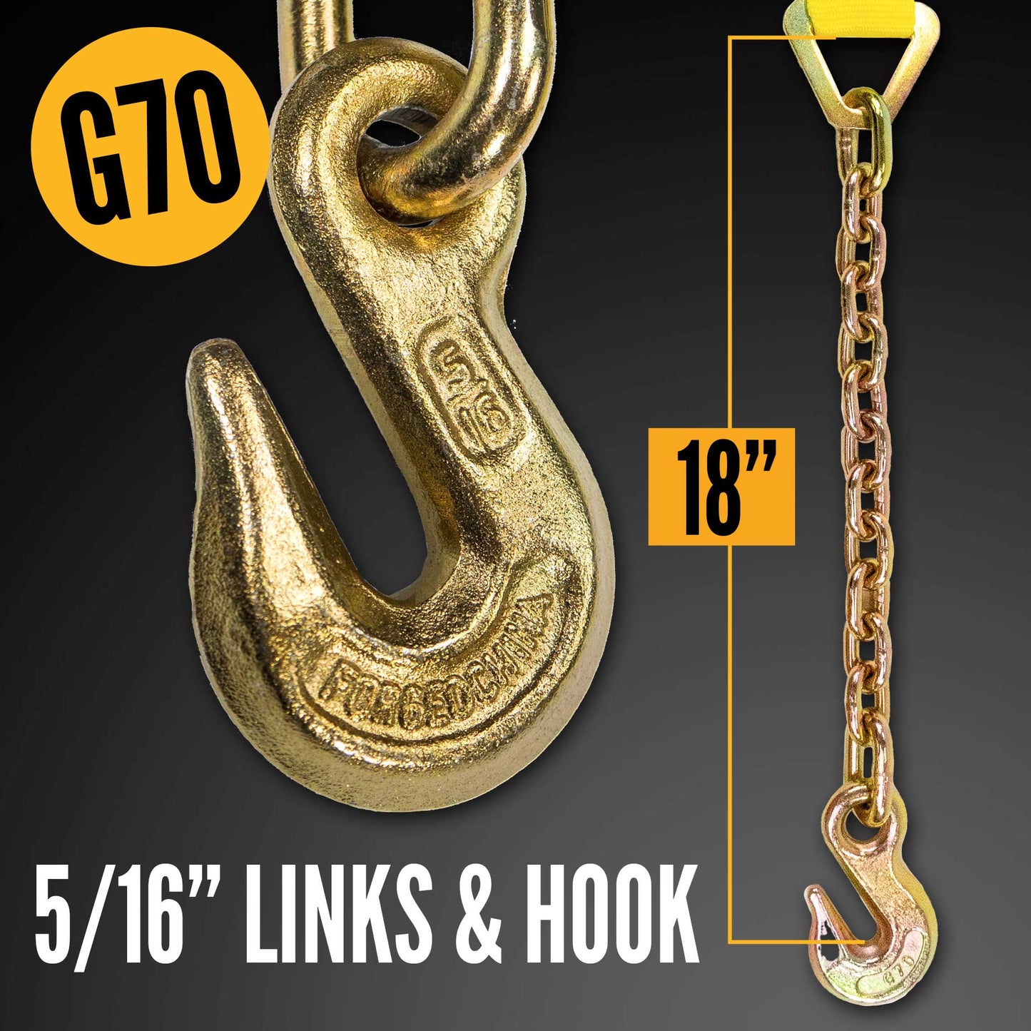 27' ratchet strap - 18" chain end with 3/8 grade 70 grab hooks