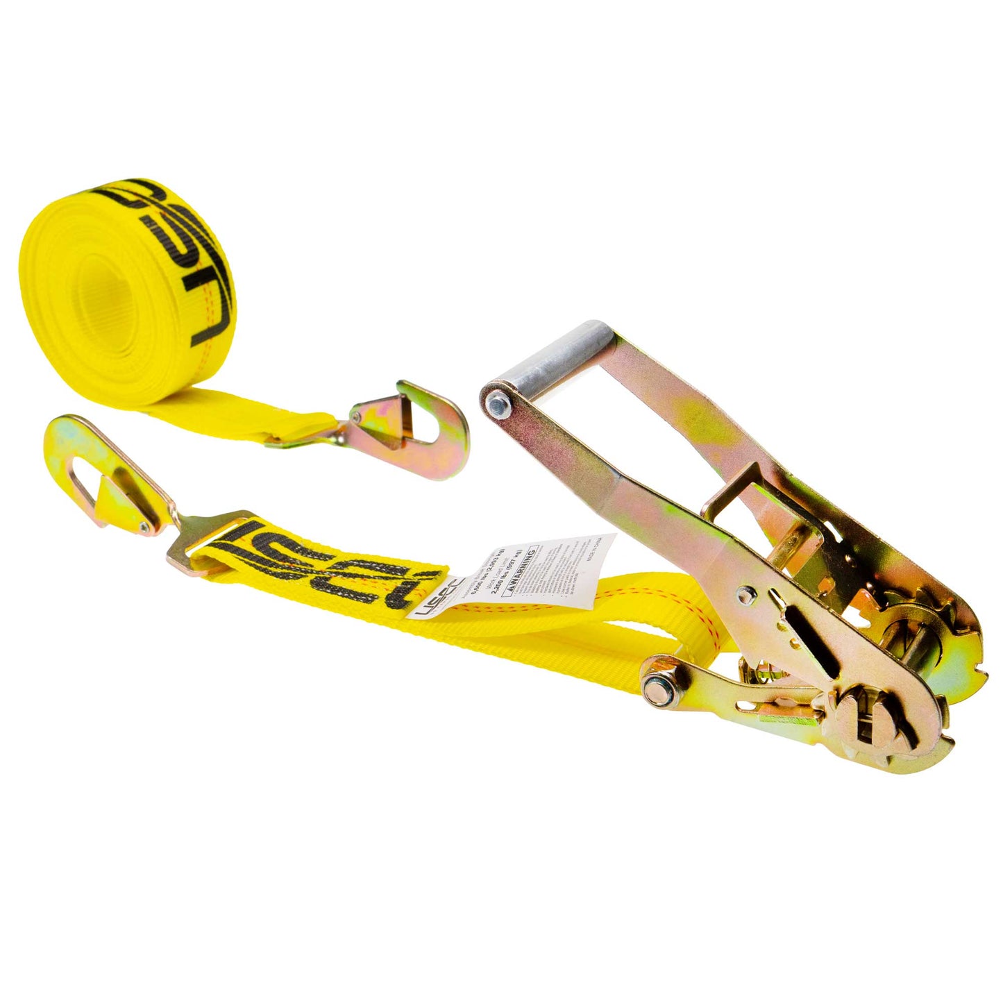 20' ratchet strap - 2" yellow twisted flat snap hook ratchet strap