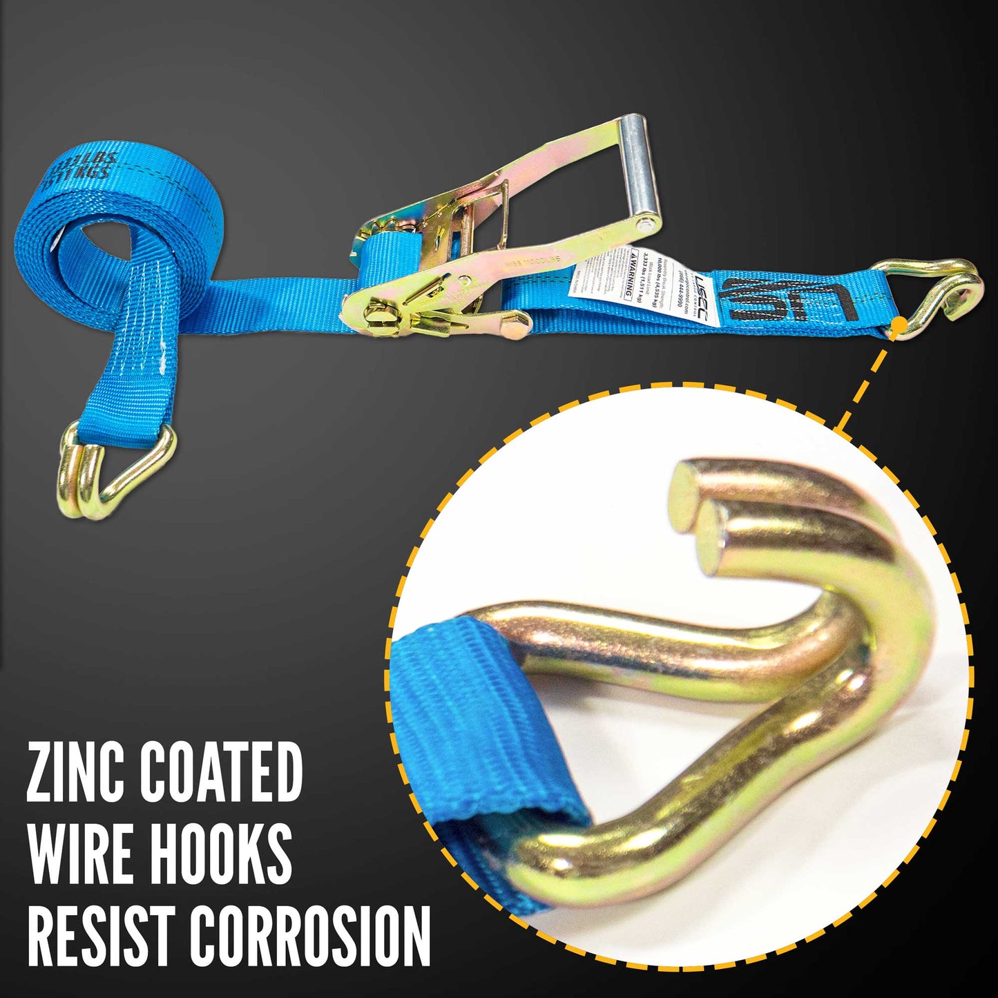 12' ratchet strap - zinc coated wire hooks resist corrosion