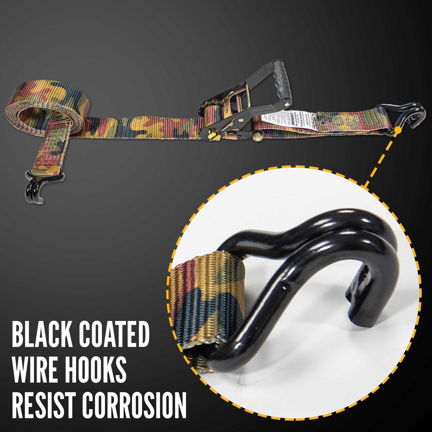 10' ratchet strap - zinc coated wire hooks resist corrosion
