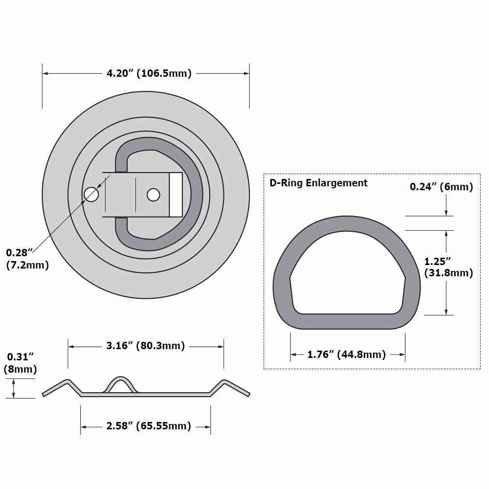 Bolt-On Flush-Mount D-Ring - 316 Stainless - 800 lbs. BS