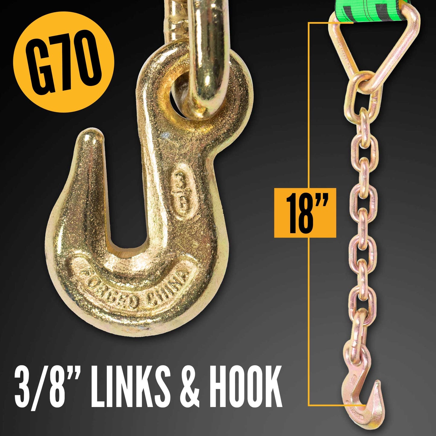 3" x 20' Ratchet Strap with Chain Extensions | Green