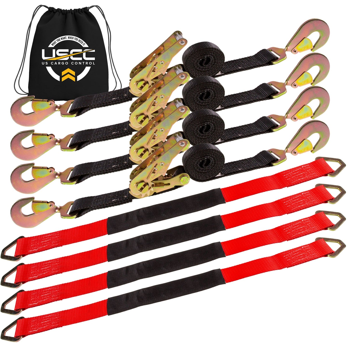 Car Tie Down Straps for Trailers Kit | 2" x 12' and 2" x 8' Twisted Snap Hook Tiedowns