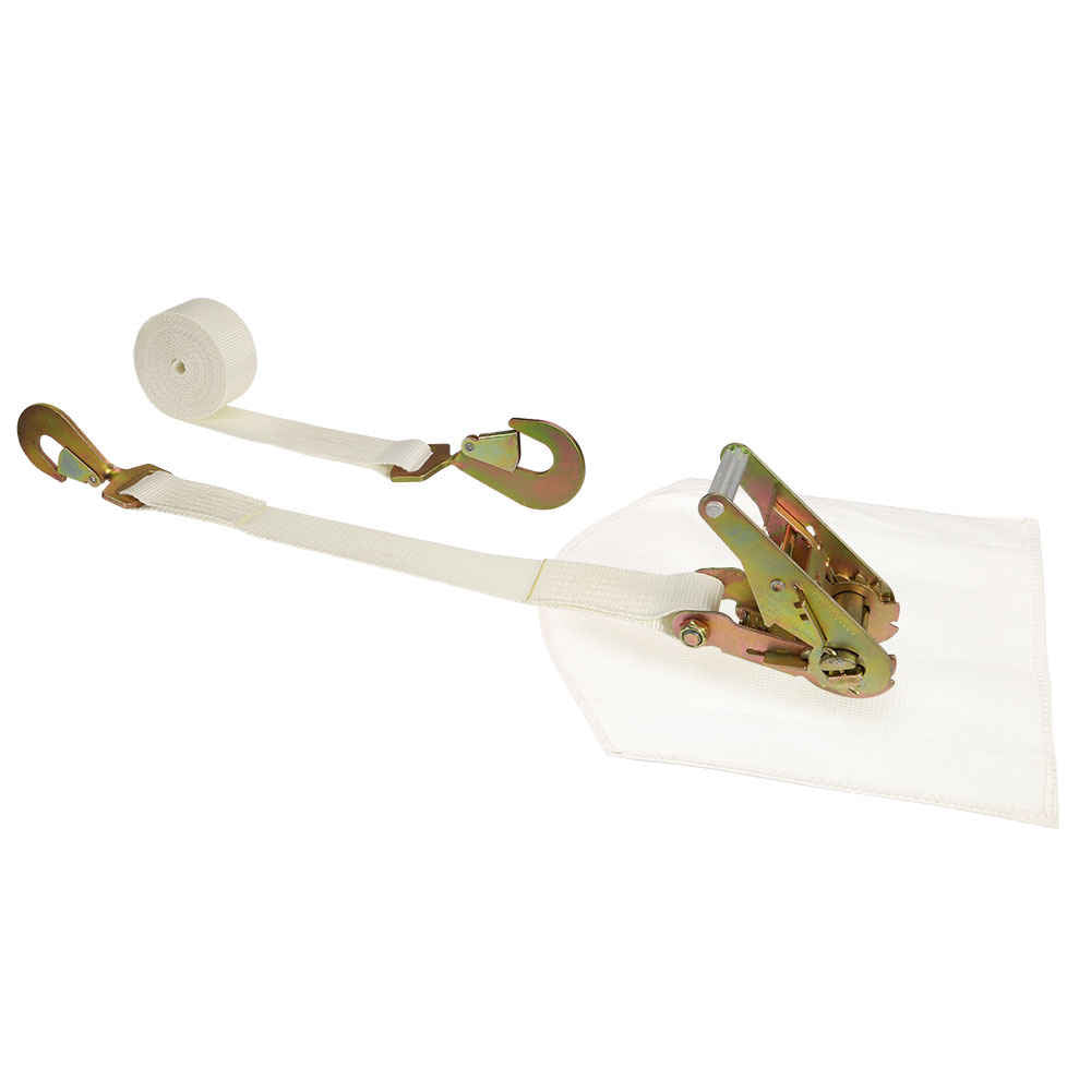 2" x 16' White Tent Ratchet Strap w/ Cover & Twisted Snap Hooks