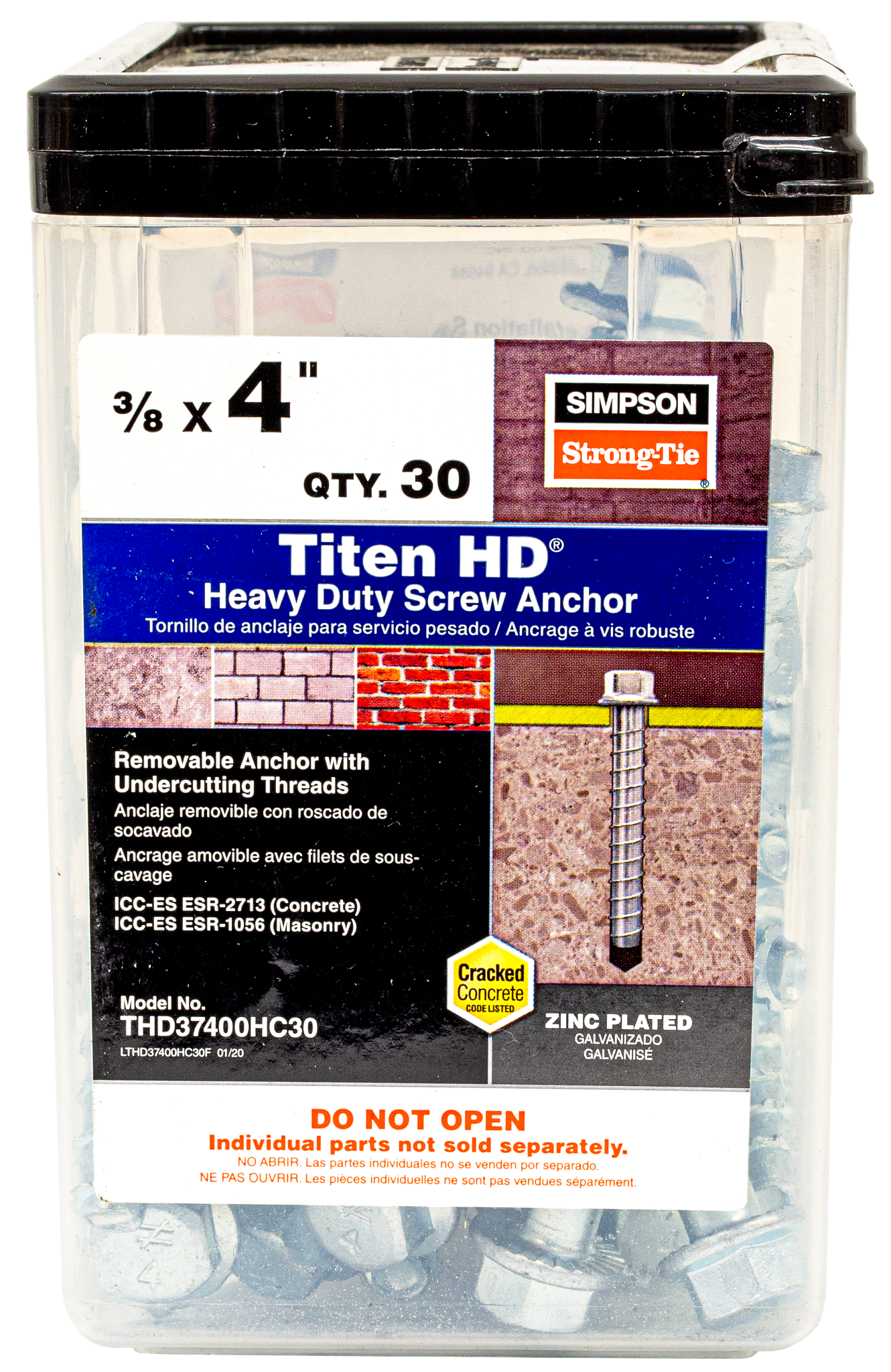 3/8" x 4" Strong-Tie THD37400HC30 Titen HD Screw Anchor, Zinc, Pkg 30