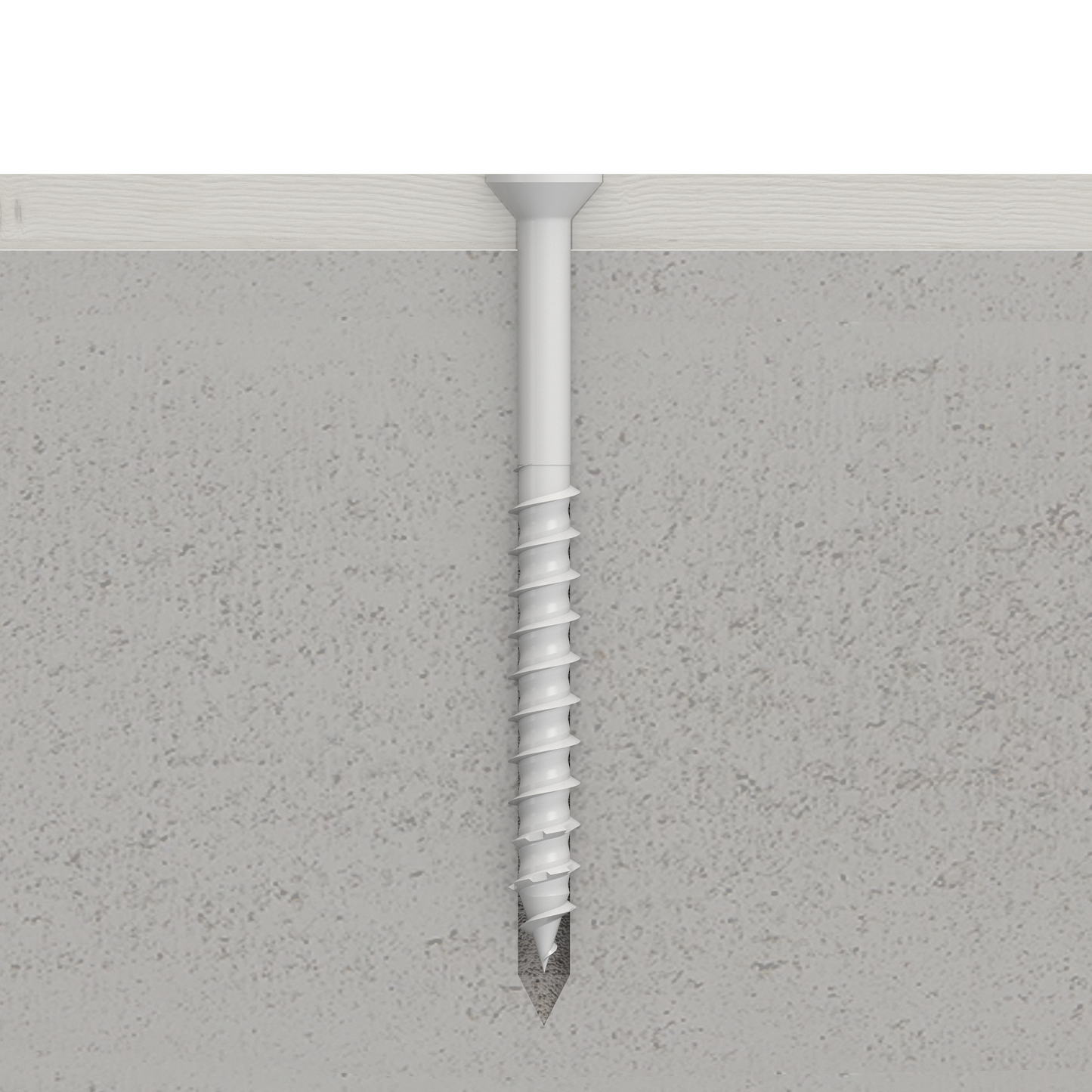 Screw being driven into concrete with a close-up view of the screw and concrete surface.