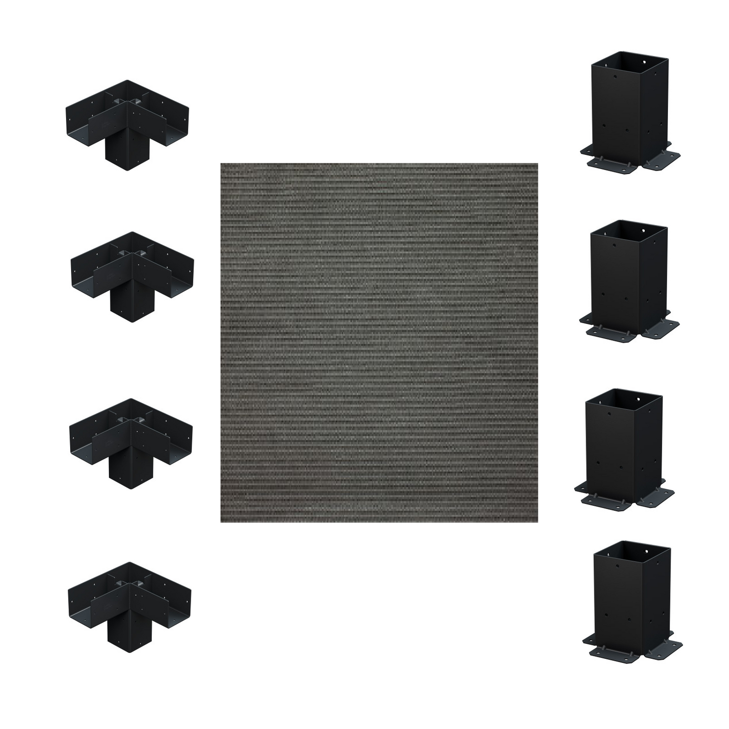 Black metal brackets and a gray mat from the Simpson DIY Sage Pergola Kit on a white background