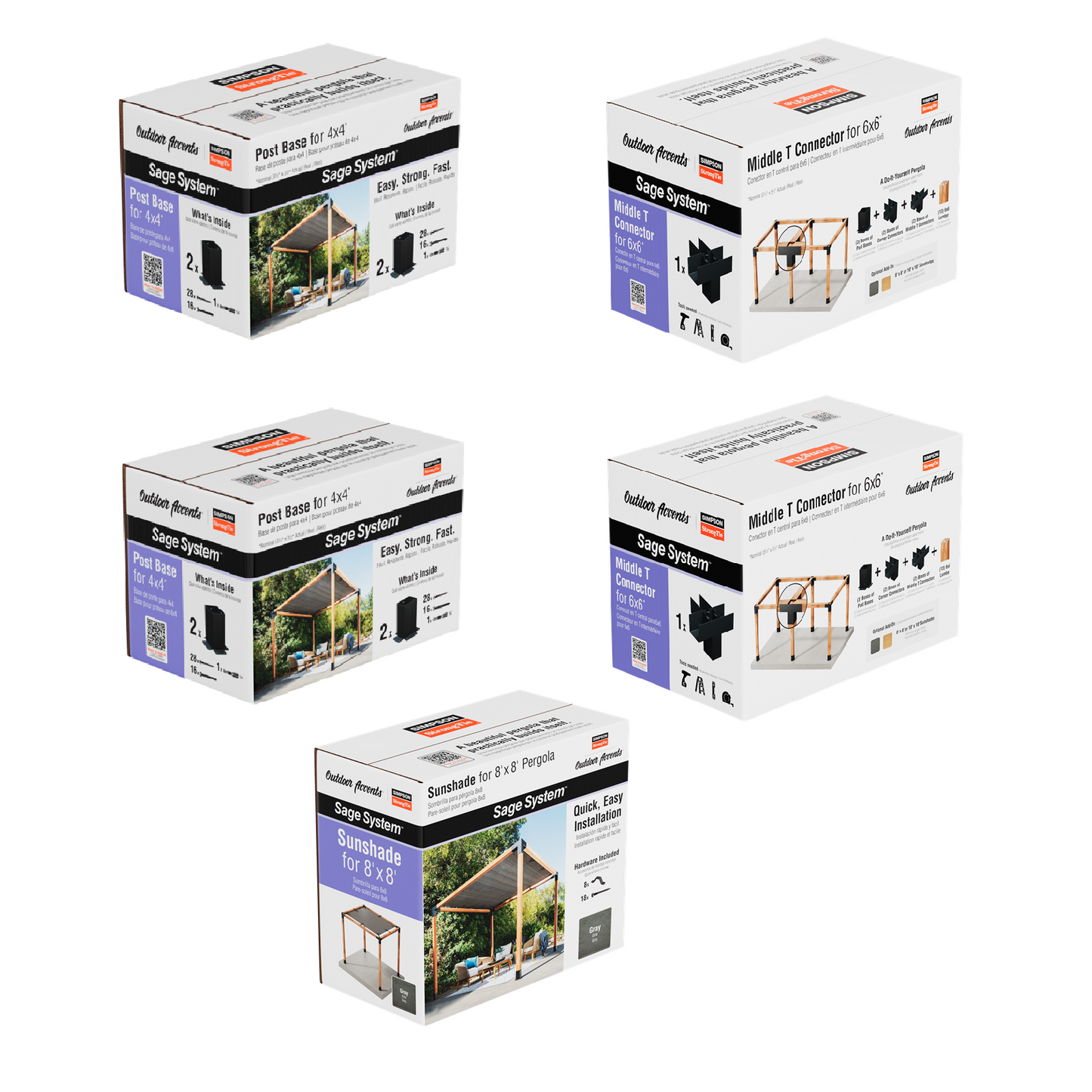 Five boxes of a Simpson DIY Sage Pergola Kit System on a white background