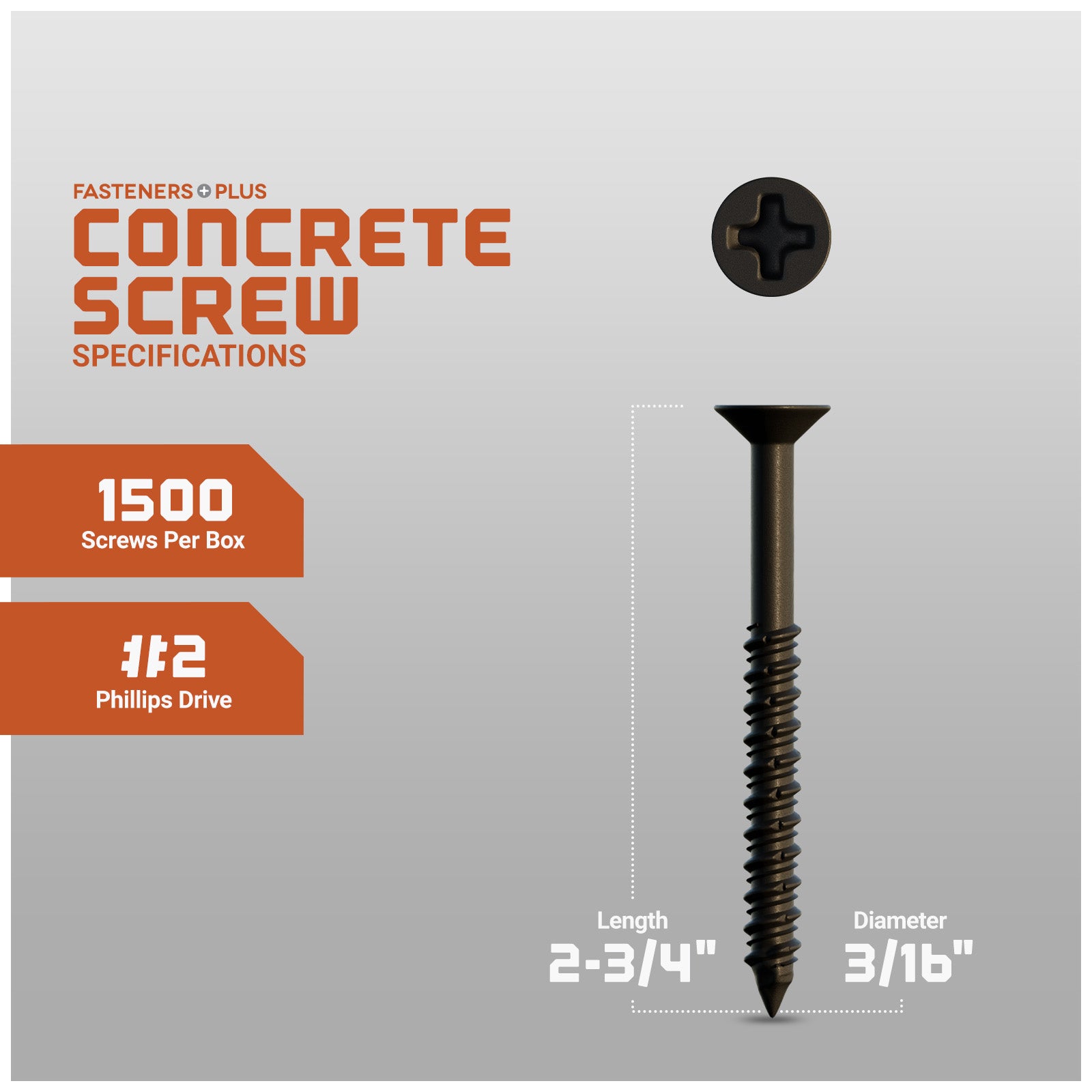 3/16" x 2-1/4" Concrete Screw, Phillips Flat Head - Bronze Dagger-Guard Coating - Single Dimensions