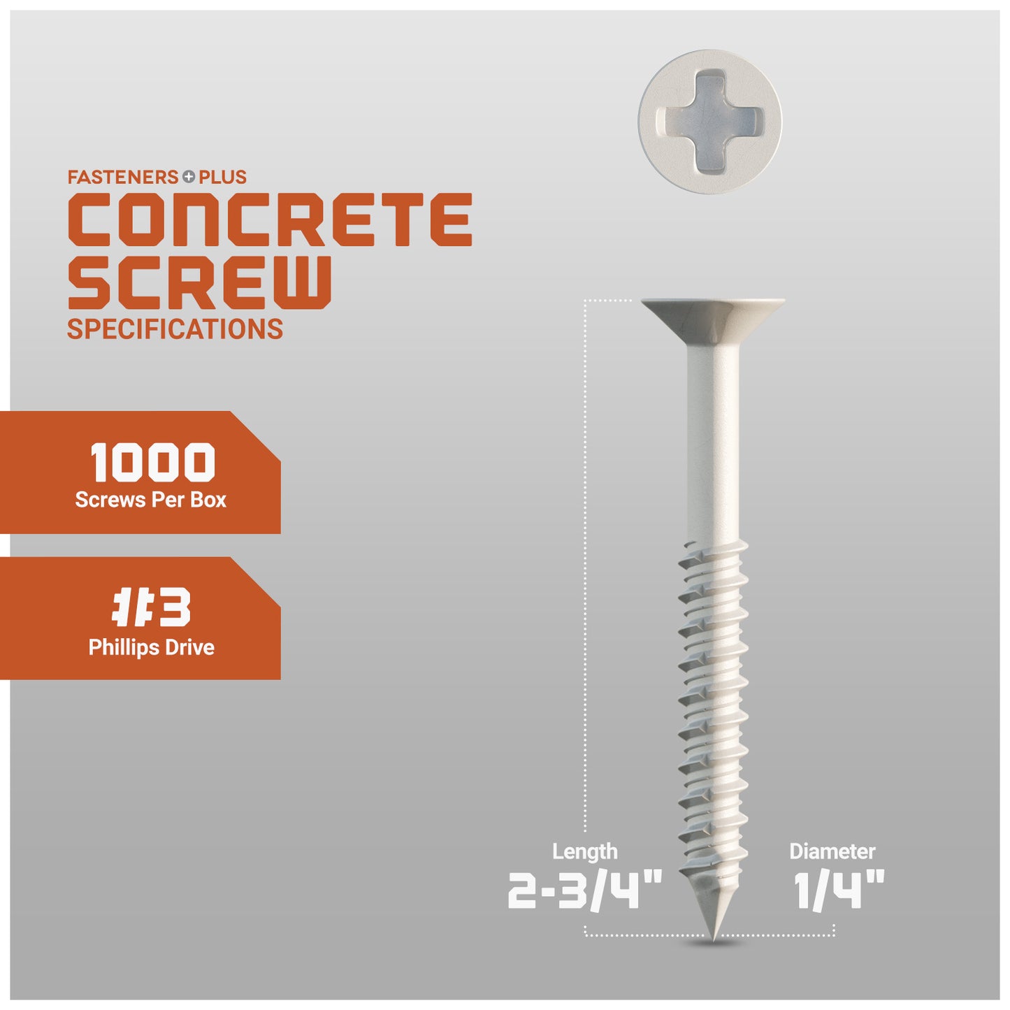 1/4" x 2-3/4" Concrete Screw, Phillips Trim Head - White Dagger-Guard Coating - Single Dimensions