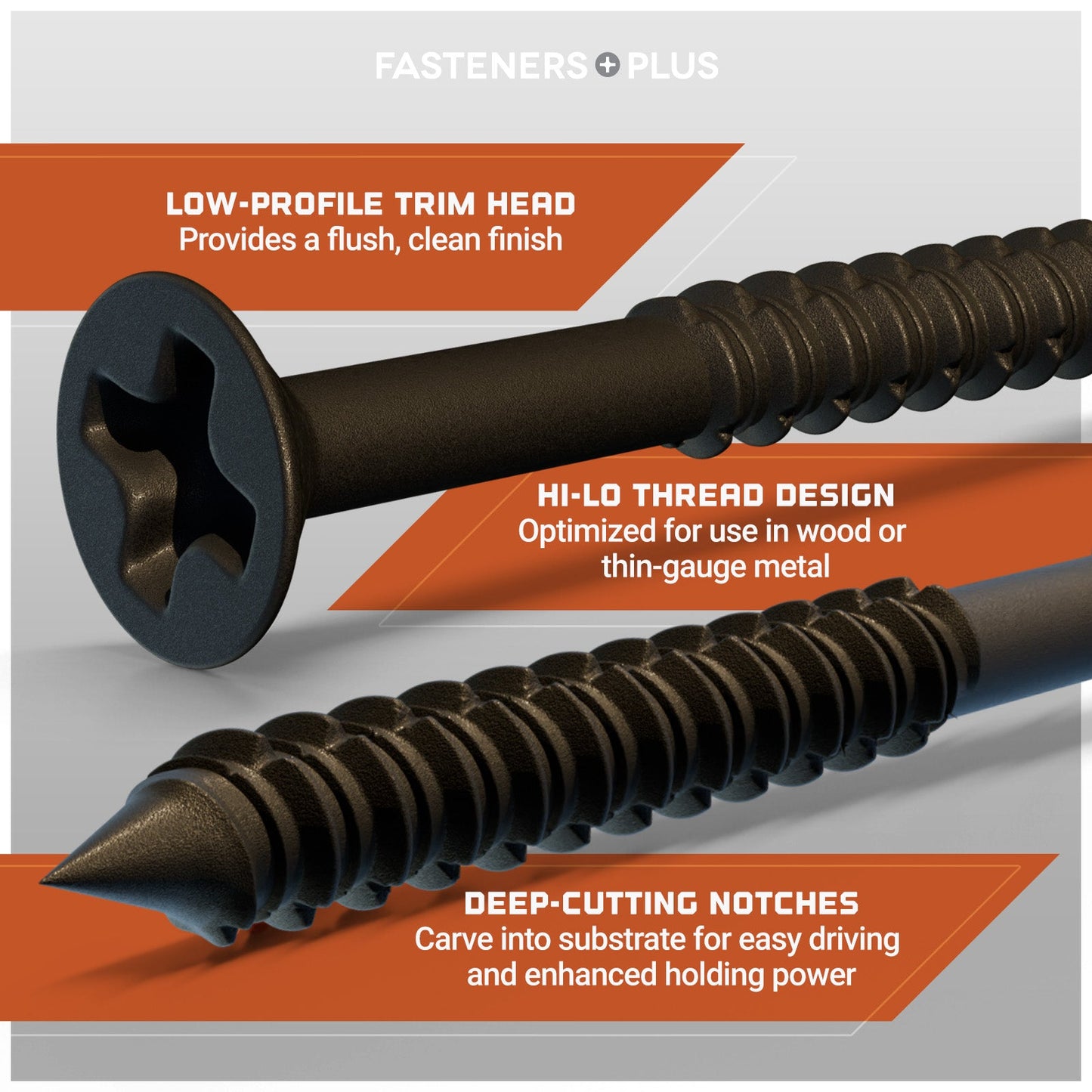 Concrete Screw Features: Low-Profile Trim Head, Hi-Lo Thread Design, Deep-Cutting Notches