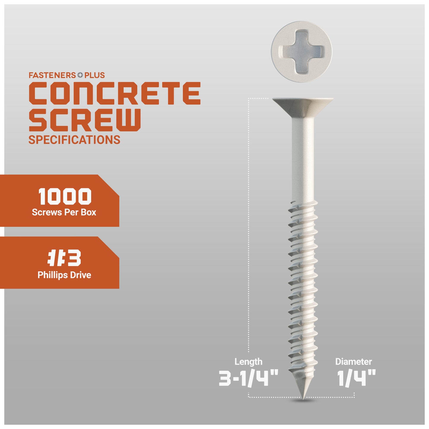 1/4" x 3-1/4" Concrete Screw, Phillips Trim Head - White Dagger-Guard Coating - Single Dimensions