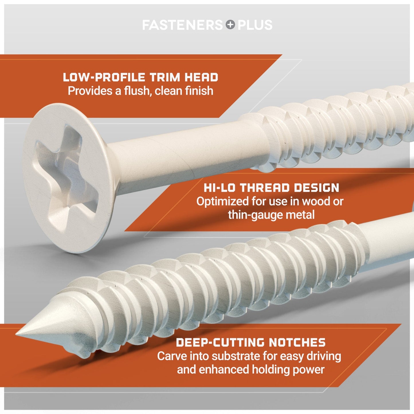 Concrete Screw Features: Low-Profile Trim Head, Hi-Lo Thread Design, Deep-Cutting Notches