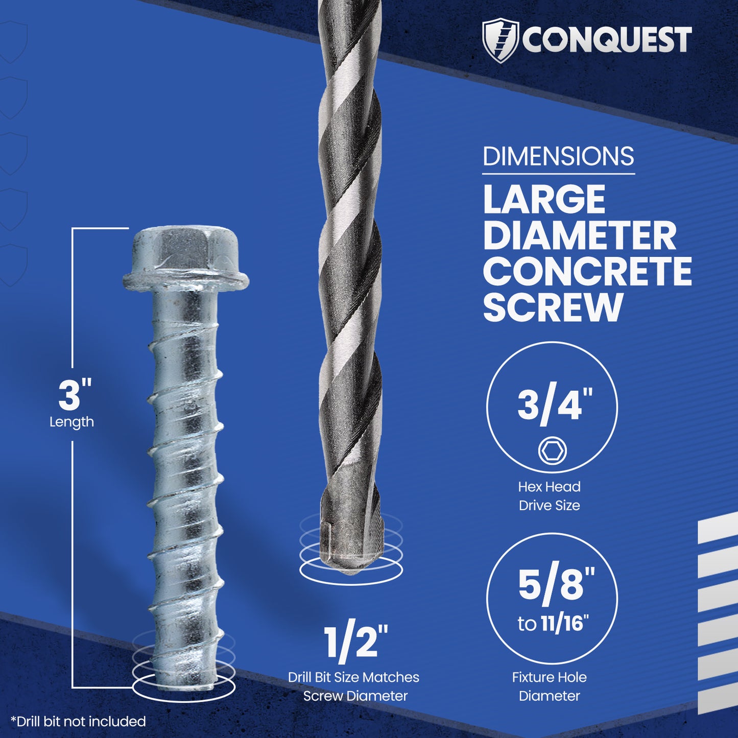 1/2" x 3" Conquest Large Diameter Concrete Screws - Zinc, Pkg 25