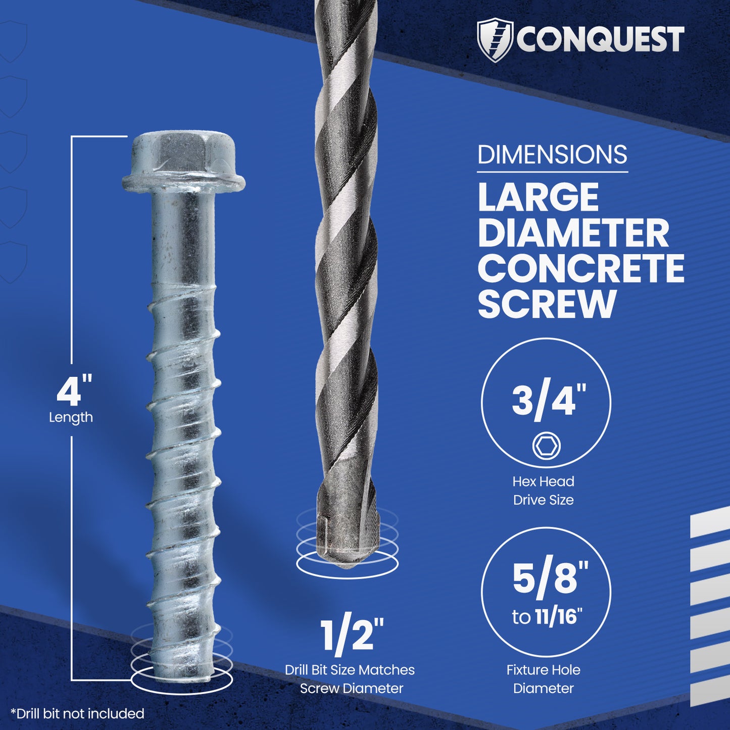 1/2" x 4" Conquest Large Diameter Concrete Screws - Zinc, Pkg 25