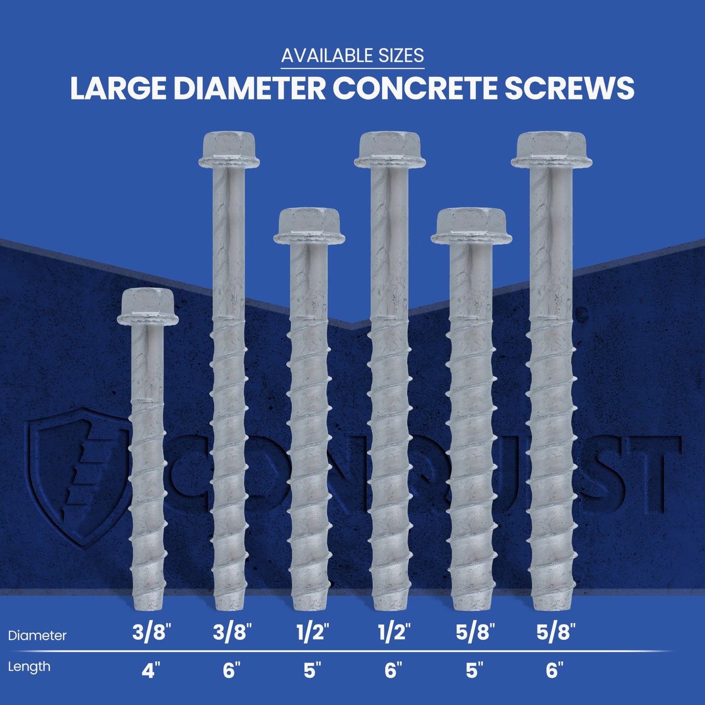 Conquest Large Diameter Concrete Screws - Available Sizes - Galvanized