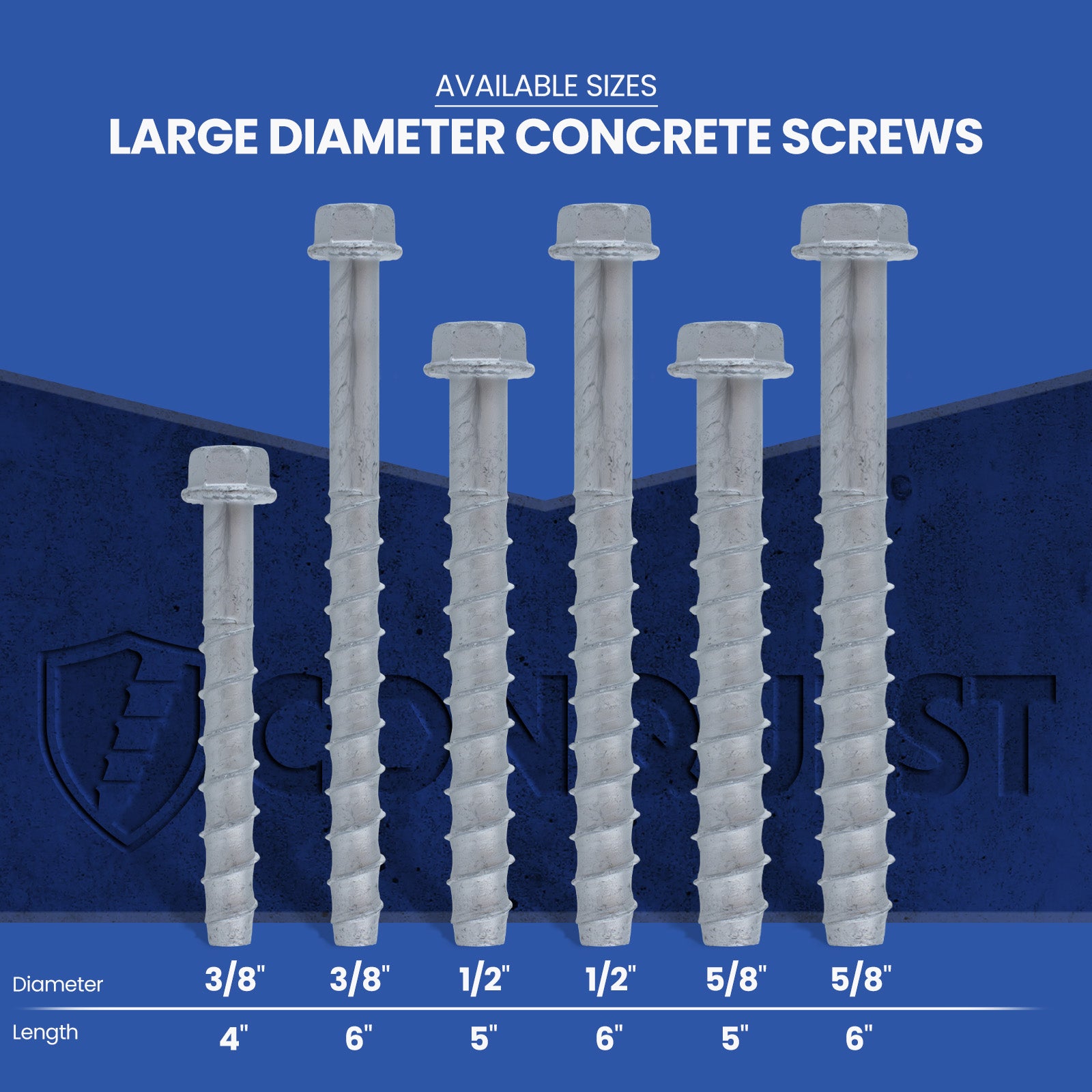 Conquest Large Diameter Concrete Screws - Available Sizes - Galvanized