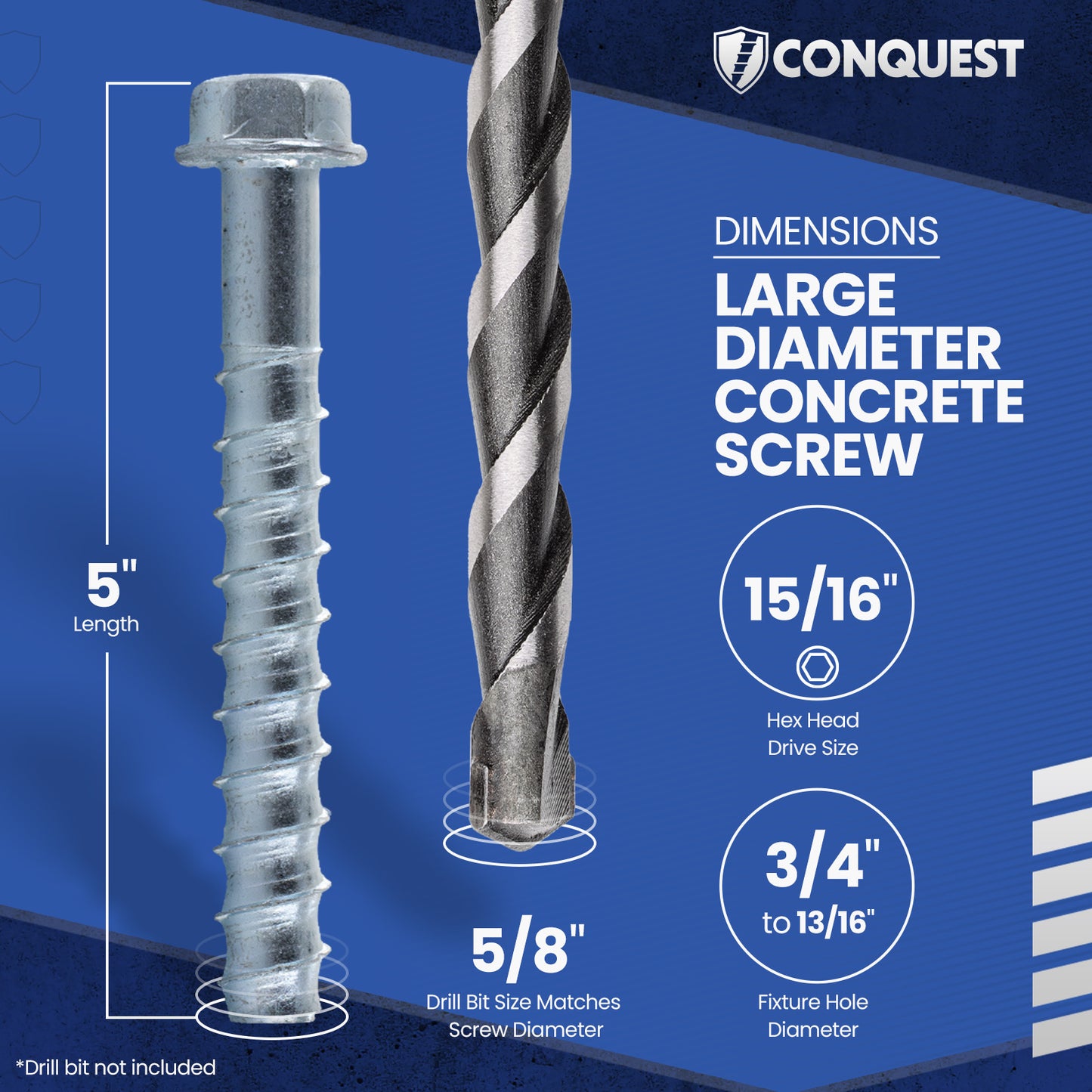 5/8" x 5" Conquest Large Diameter Concrete Screws - Zinc, Pkg 10