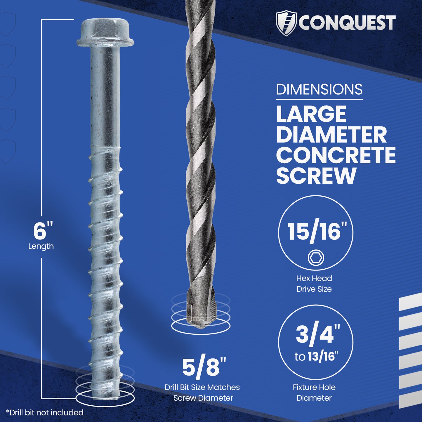 5/8" x 6" Conquest Large Diameter Concrete Screws - Zinc, Pkg 10
