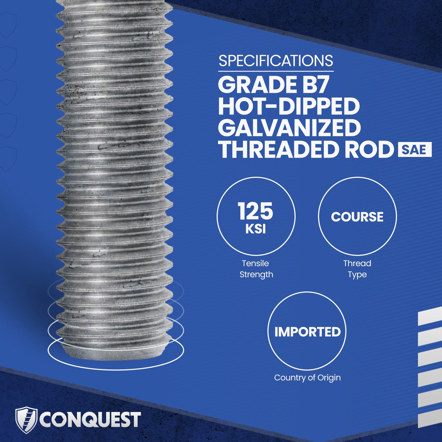 Conquest 1-1/4" x 1' Grade B7 Coarse Threaded Rod - Hot Dip Galvanized