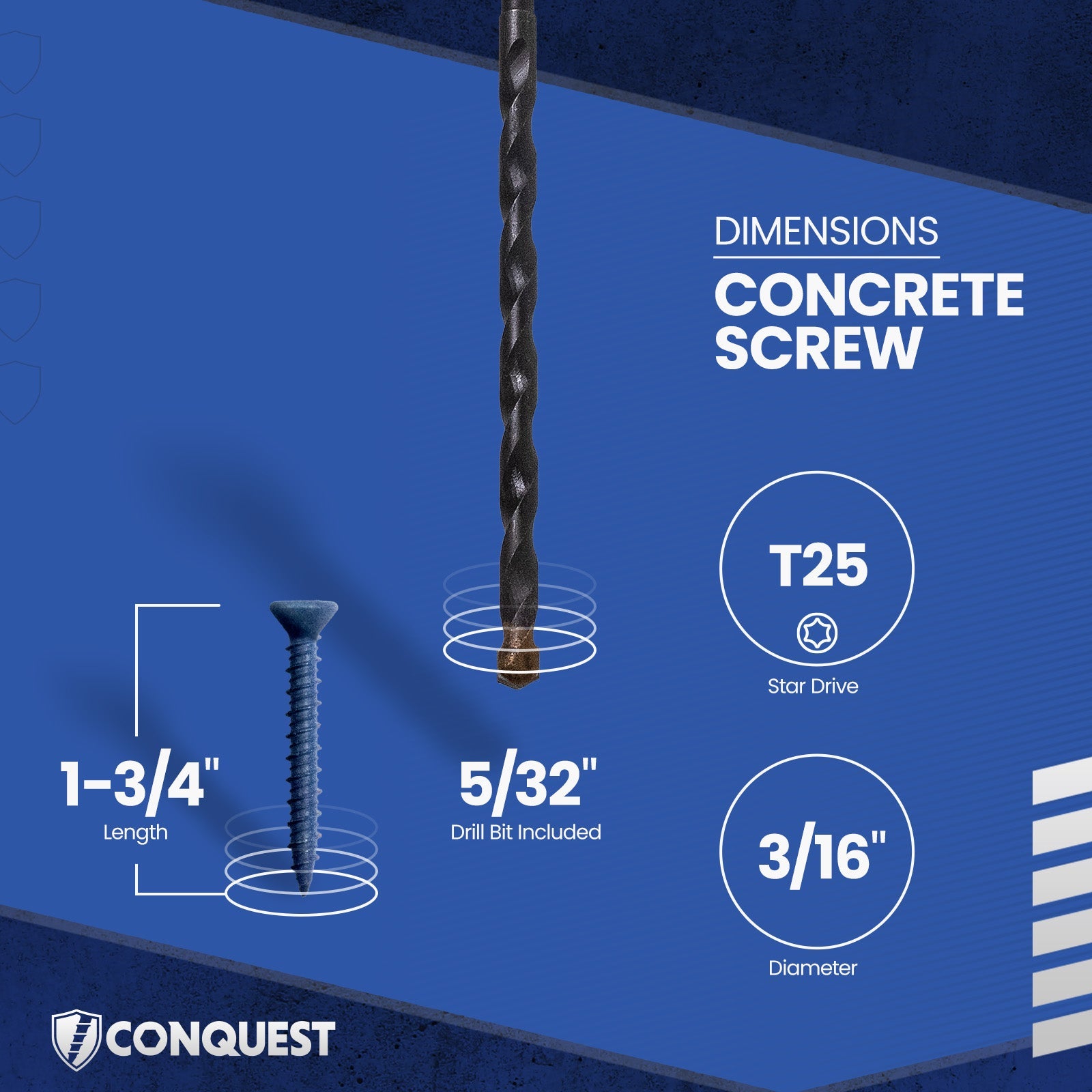 3/16" x 1-3/4" Conquest T-25 Flat Head Concrete Screw - Single Dimensions