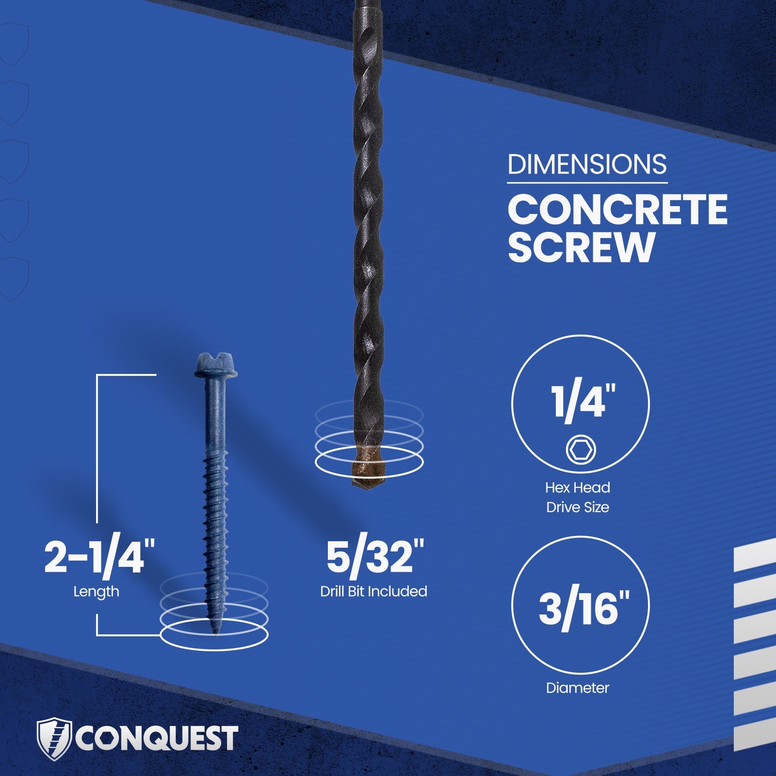 3/16" x 2-1/4" Conquest Hex Concrete Screw - Single Dimensions