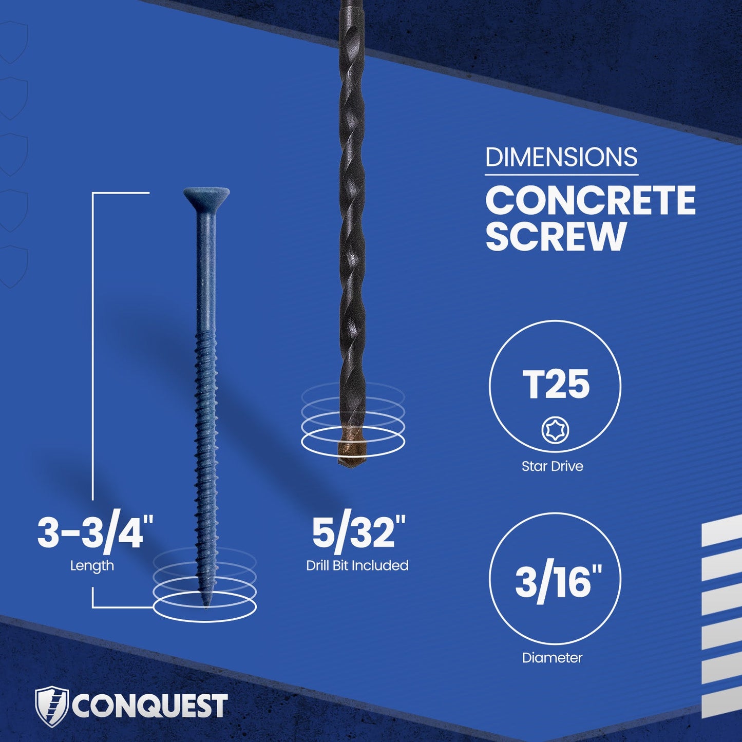 3/16" x 3-3/4" Conquest T-25 Flat Head Concrete Screw - Single Dimensions