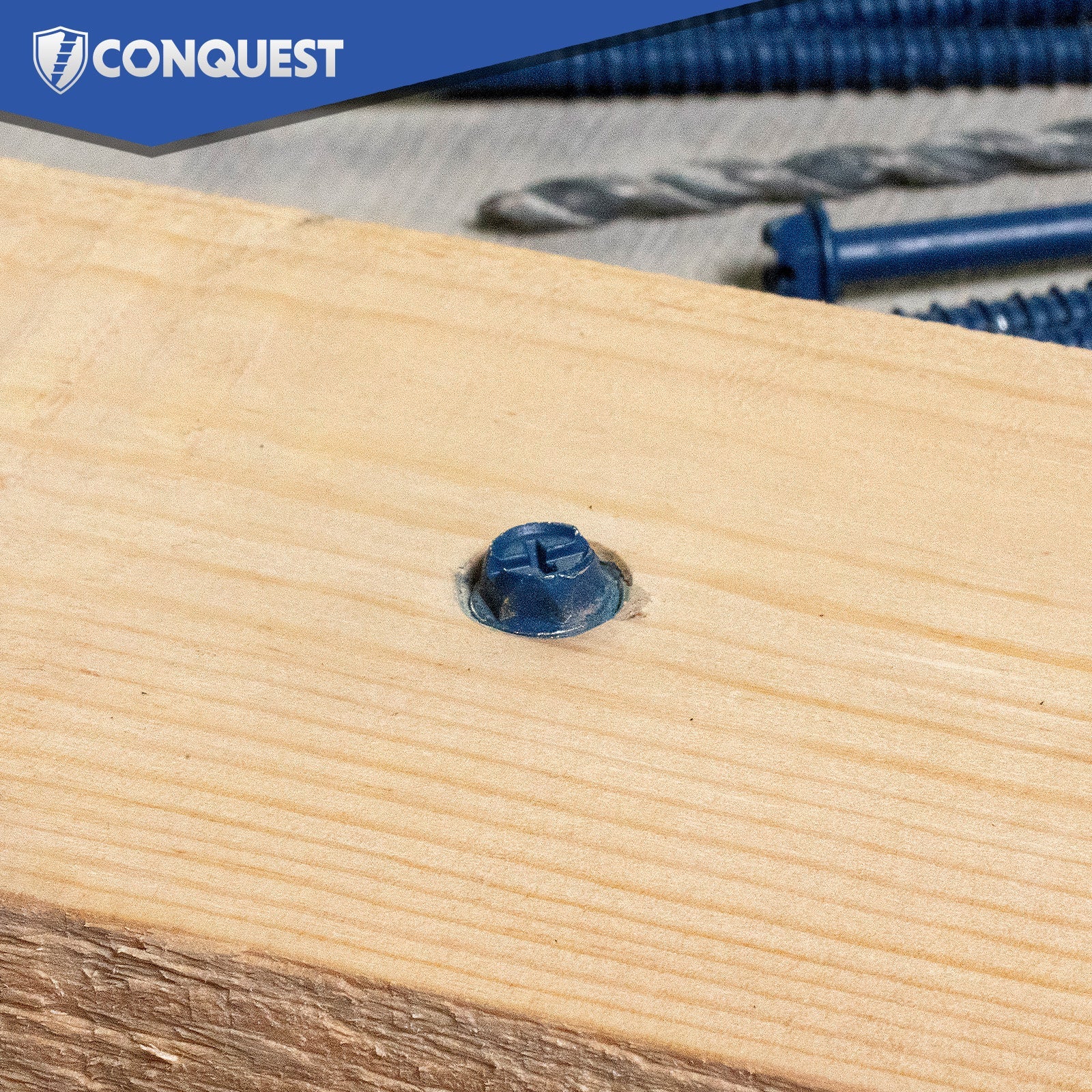 Blue concrete screw on a wooden surface with 'Conquest' branding in the corner.