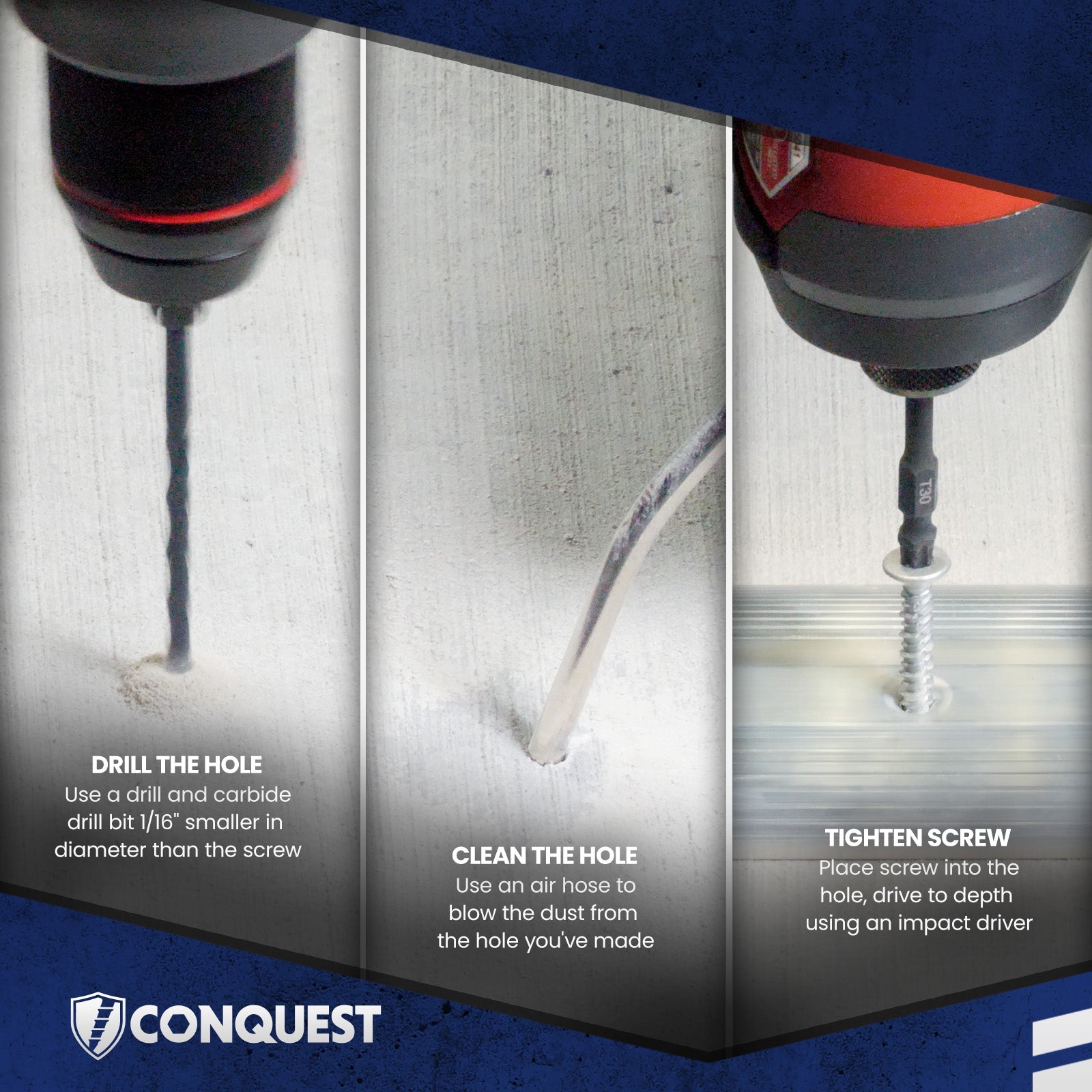 Installation: Drill hole, clean hole, tighten screw