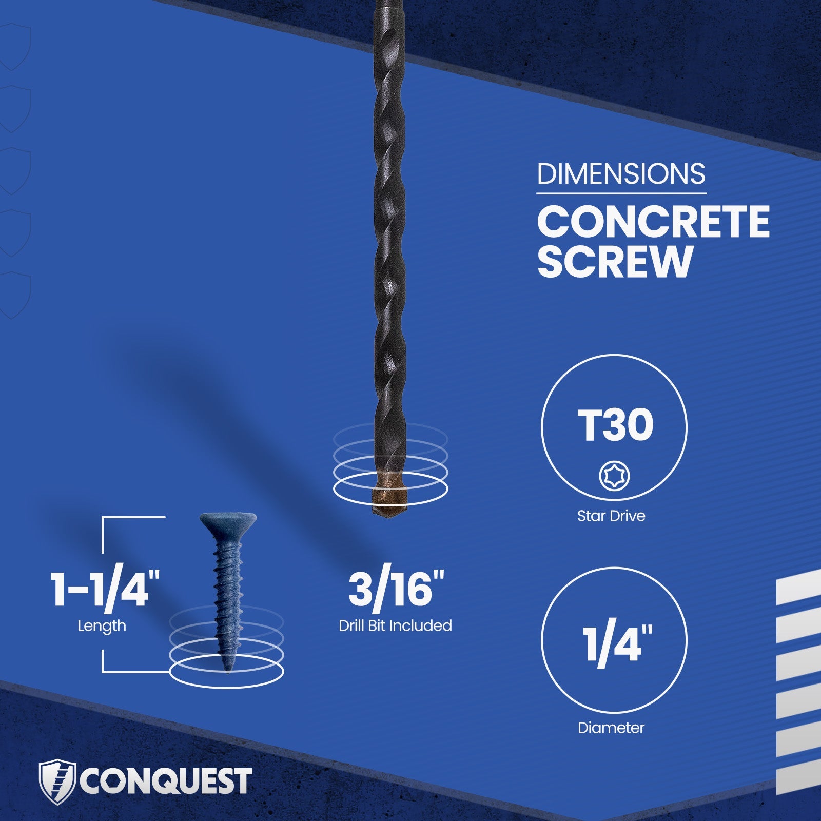 1/4" x 1-1/4" Conquest T-30 Flat Head Concrete Screw - Single Dimensions