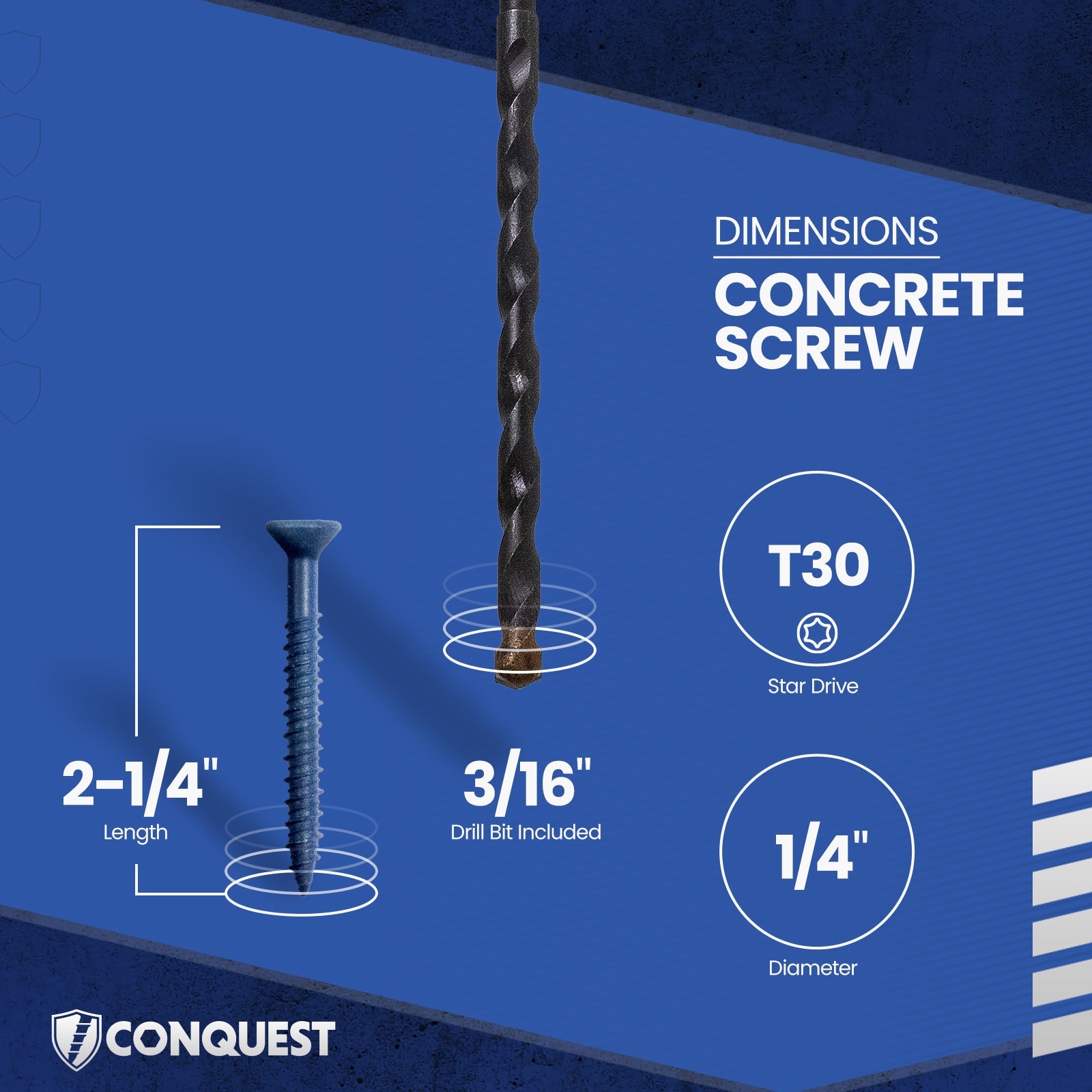 1/4" x 2-1/4" Conquest T-30 Flat Head Concrete Screw - Single Dimensions