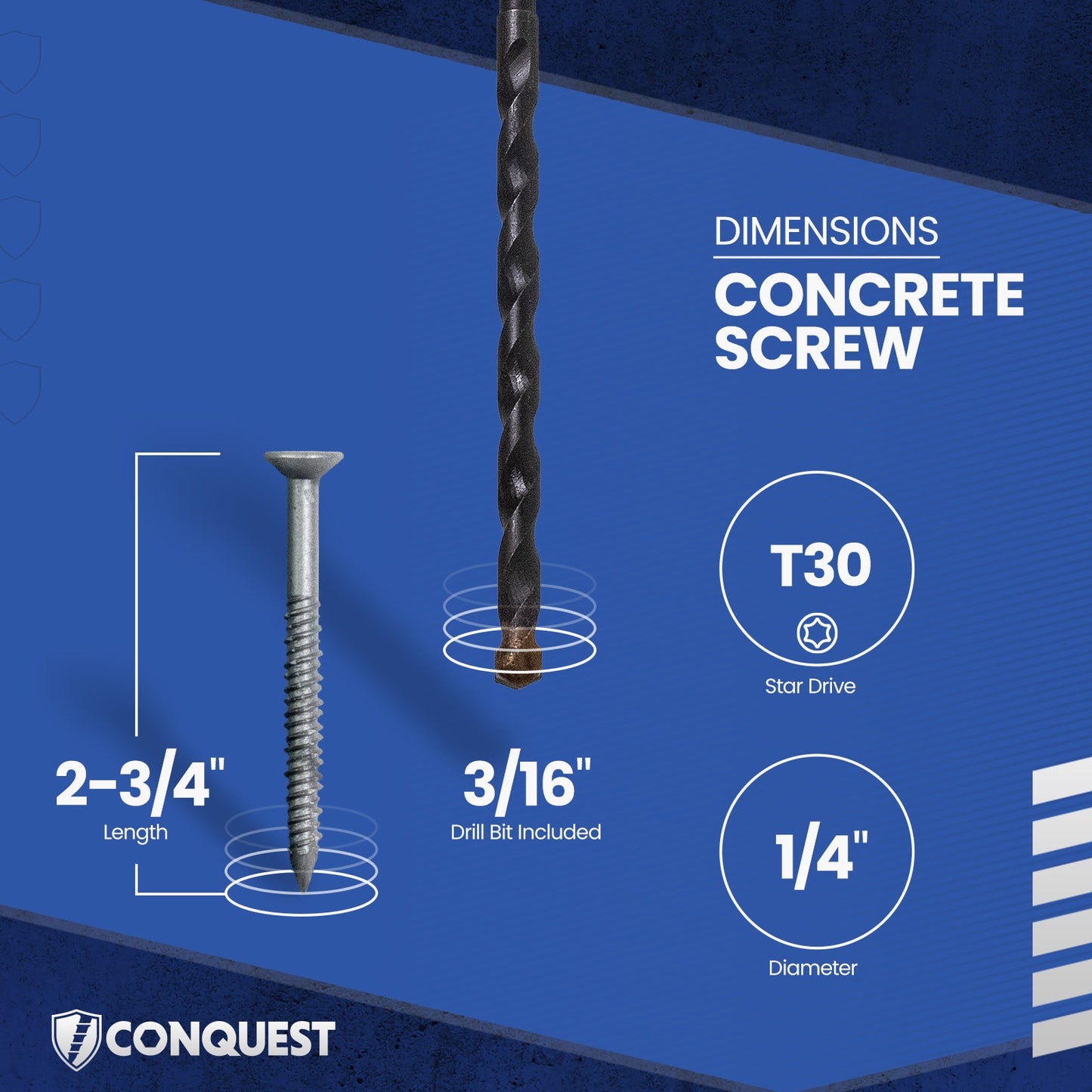 1/4" x 2-3/4" Conquest T-30 Flat Head Concrete Screw - 410 Stainless Steel - Single Dimensions