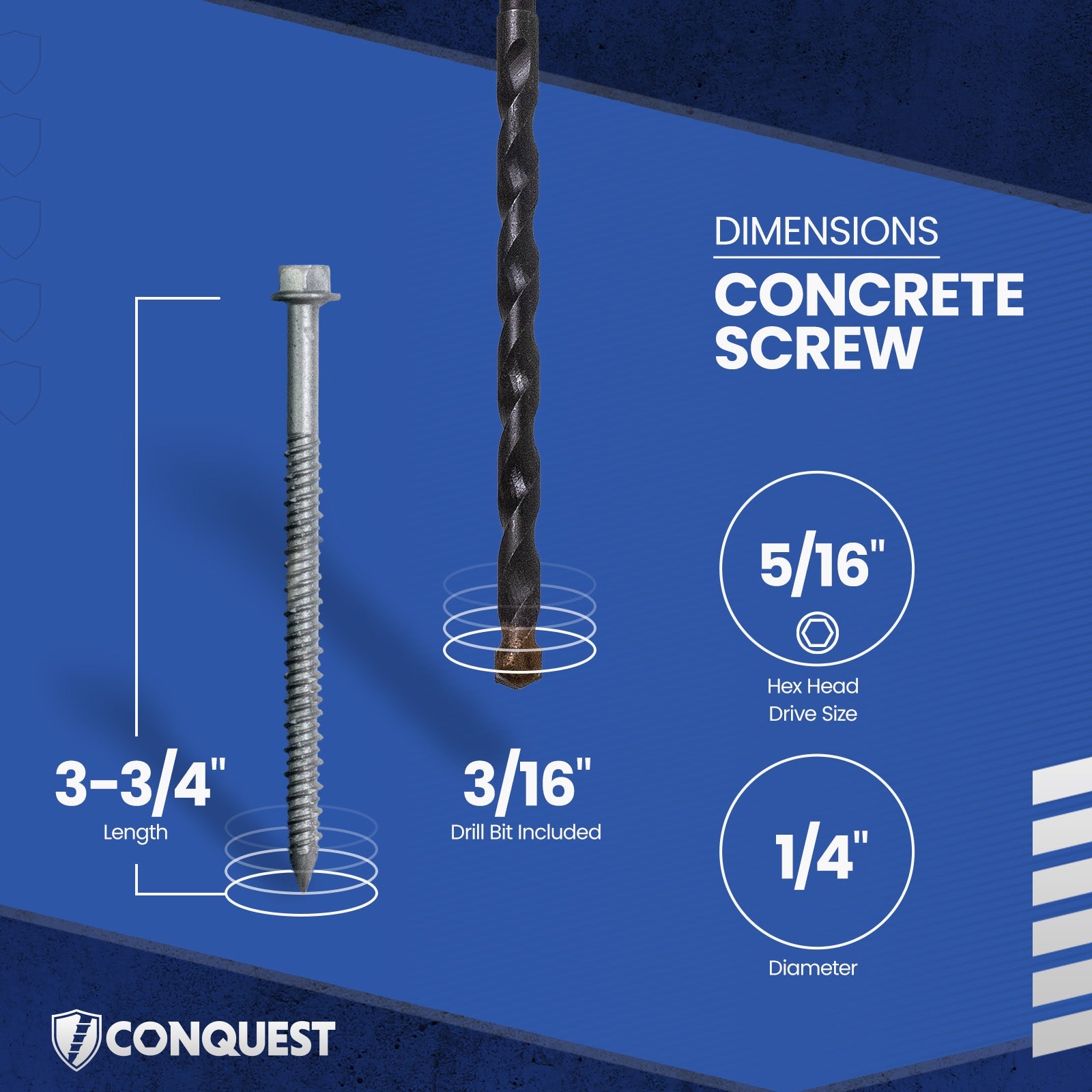 1/4" x 3-3/4" Conquest Hex Concrete Screw - 410 Stainless Steel - Single Dimensions