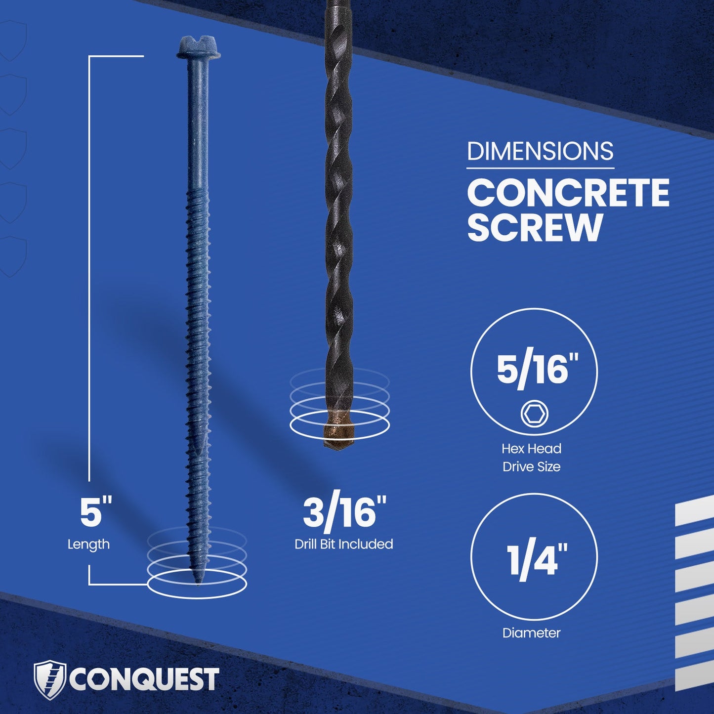 1/4" x 5" Conquest Hex Concrete Screw - Single Dimensions
