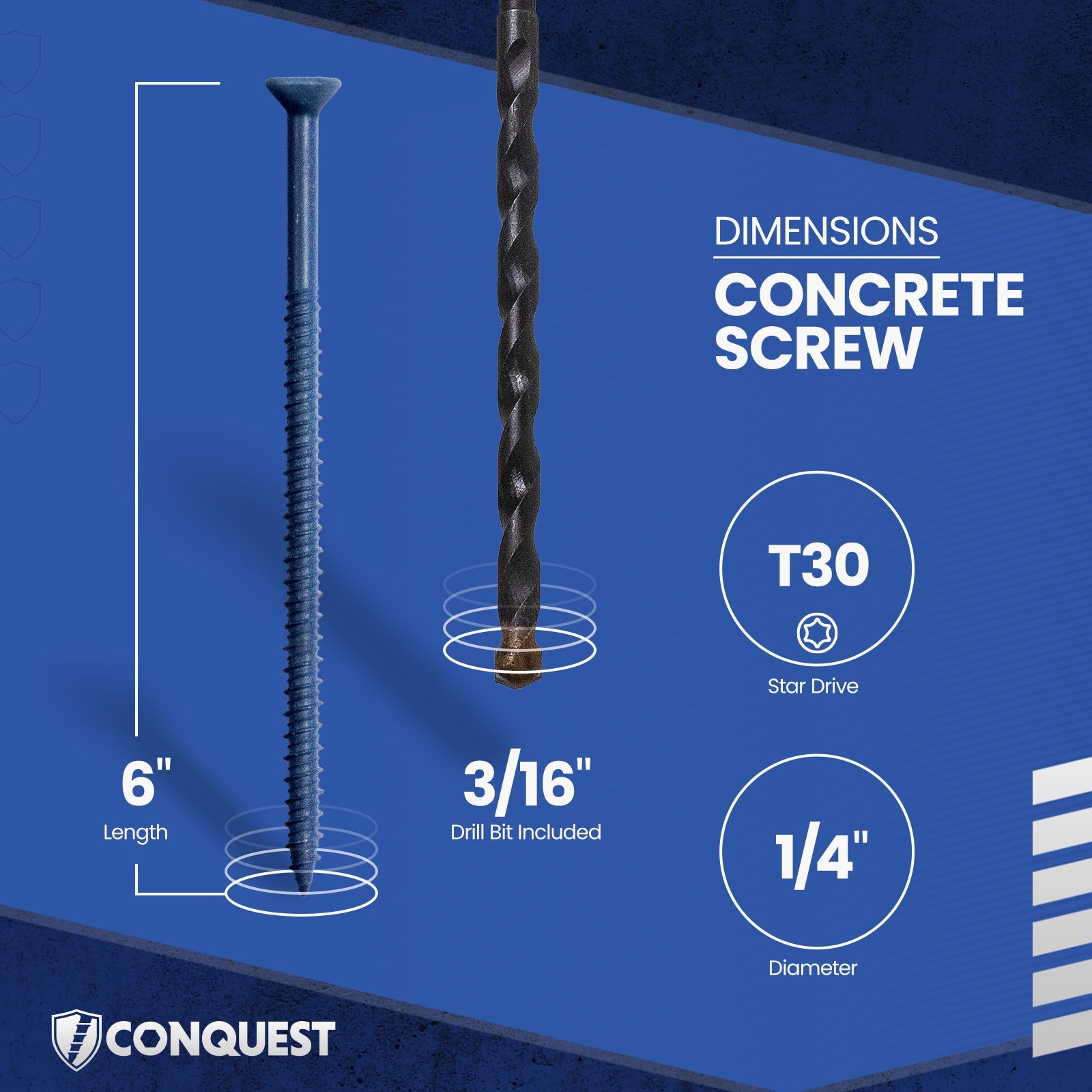 1/4" x 6" Conquest T-30 Flat Head Concrete Screw - Single Dimensions