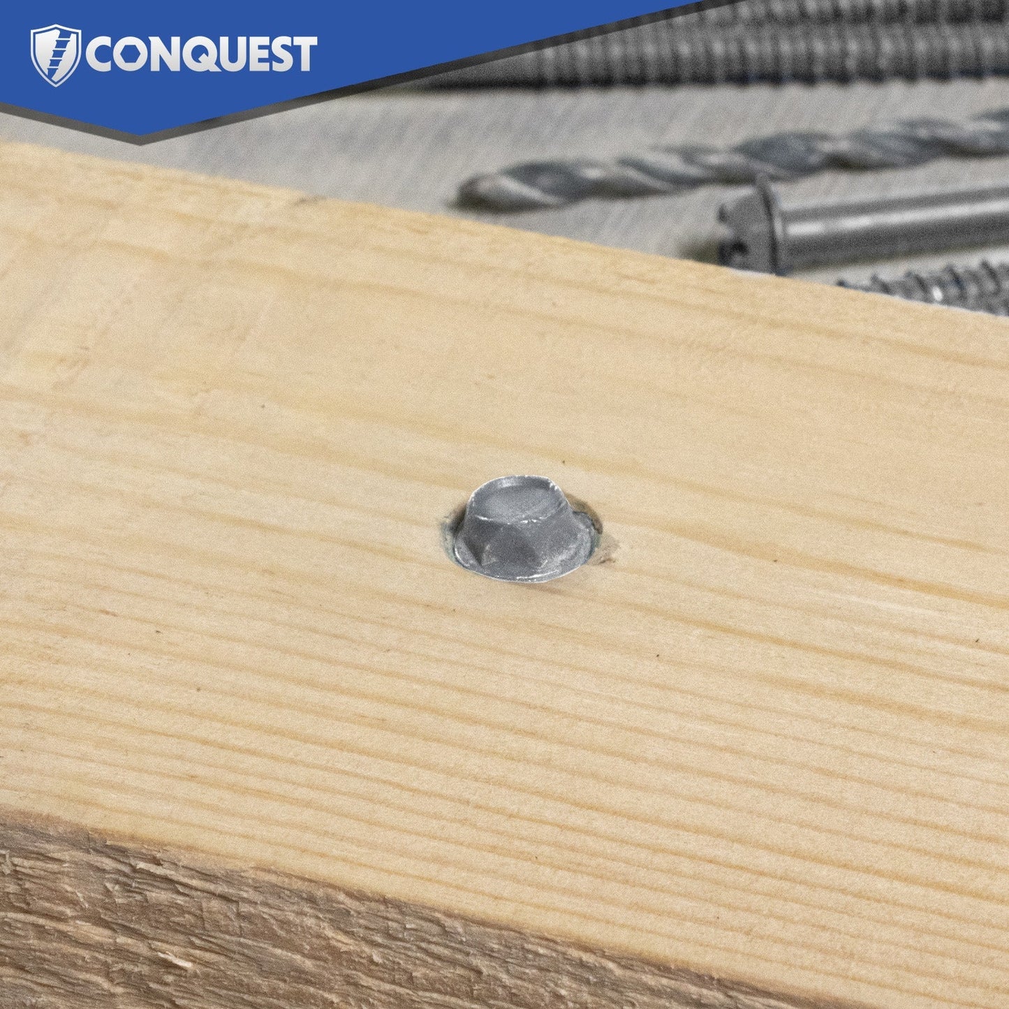 Concrete screw driven into wooden surface with 'Conquest' branding in the corner.