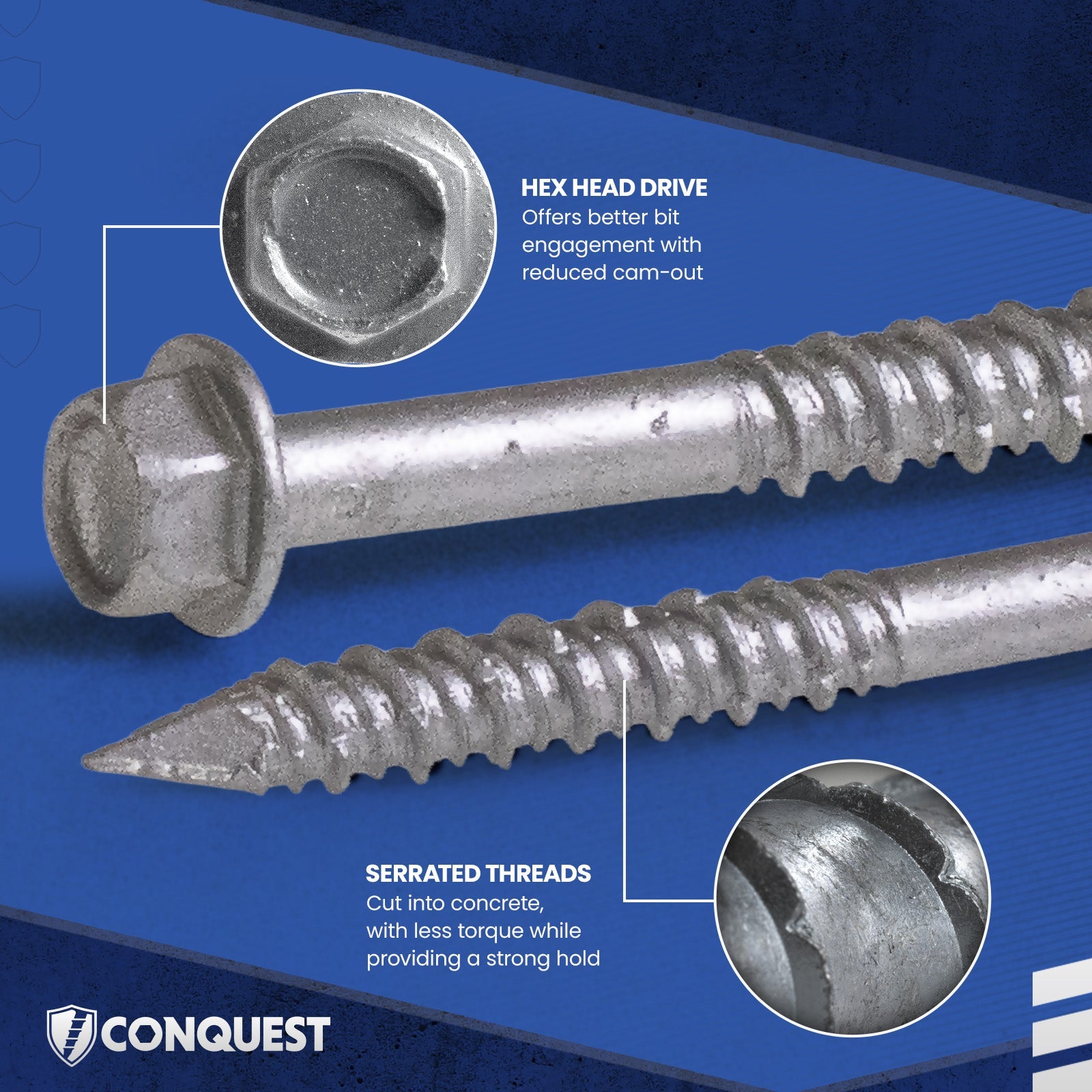 Features: Hex Head Drive and Serrarted Threads