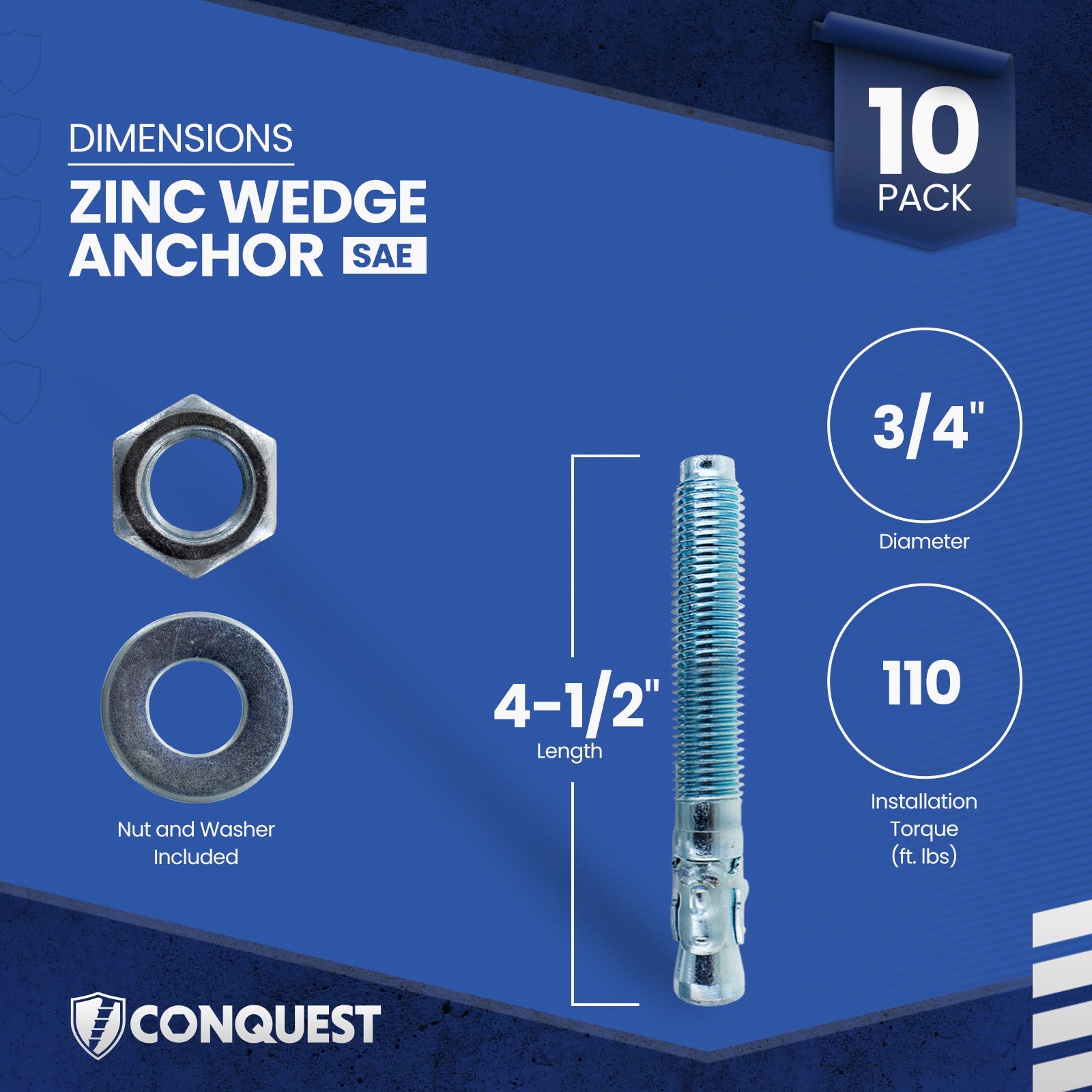 Conquest CWA34-434Z Wedge Anchor Dimensions