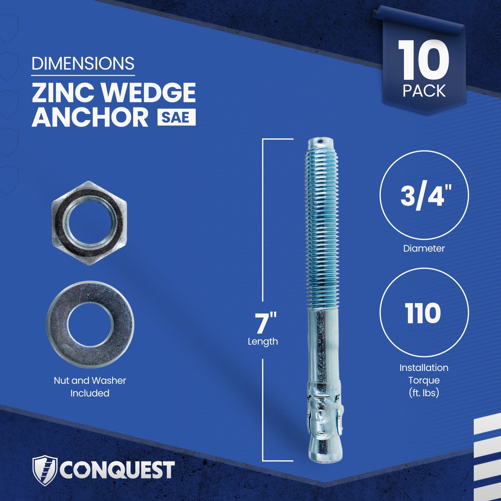 Conquest CWA34-700Z Wedge Anchor Dimensions