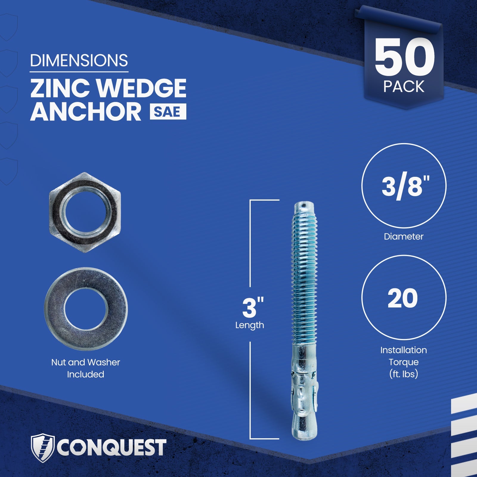 Conquest CWA38-300Z Wedge Anchor Dimensions
