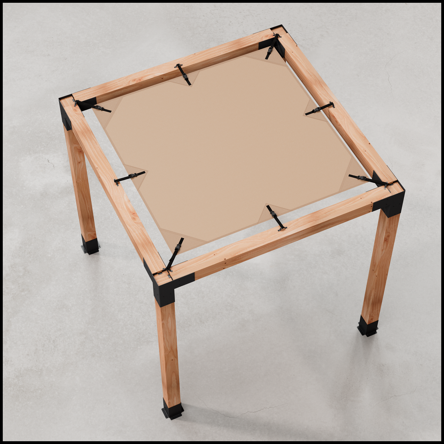Wooden frame with a beige sunshade on a gray background