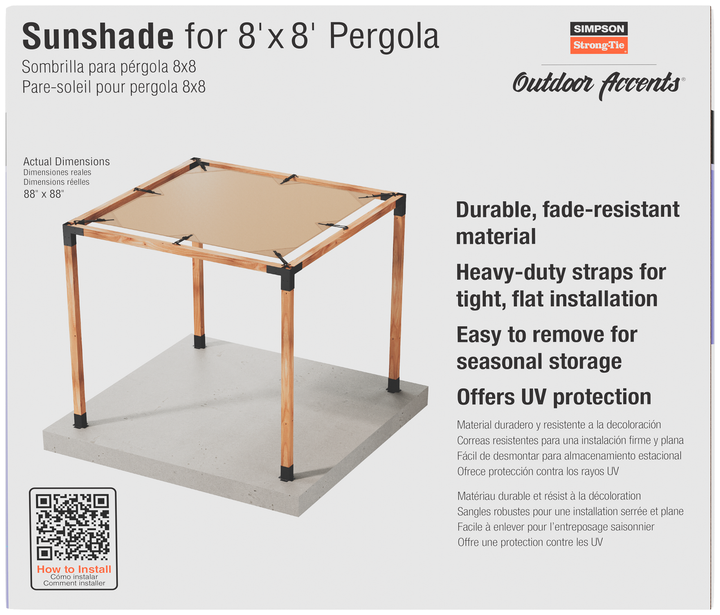 Sunshade for 8'x8' pergola with product details on a white background