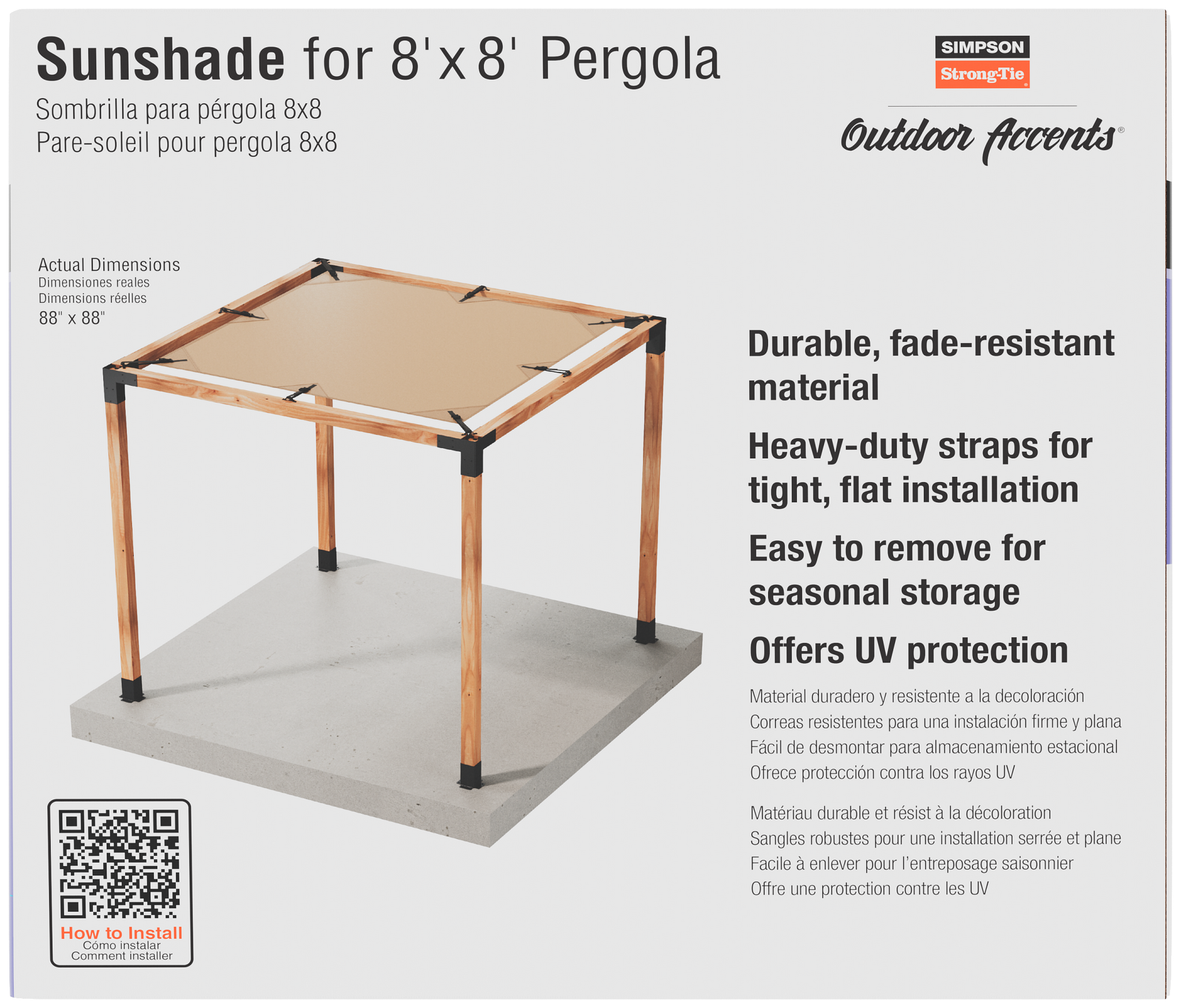 Sunshade for 8'x8' pergola with product details on a white background