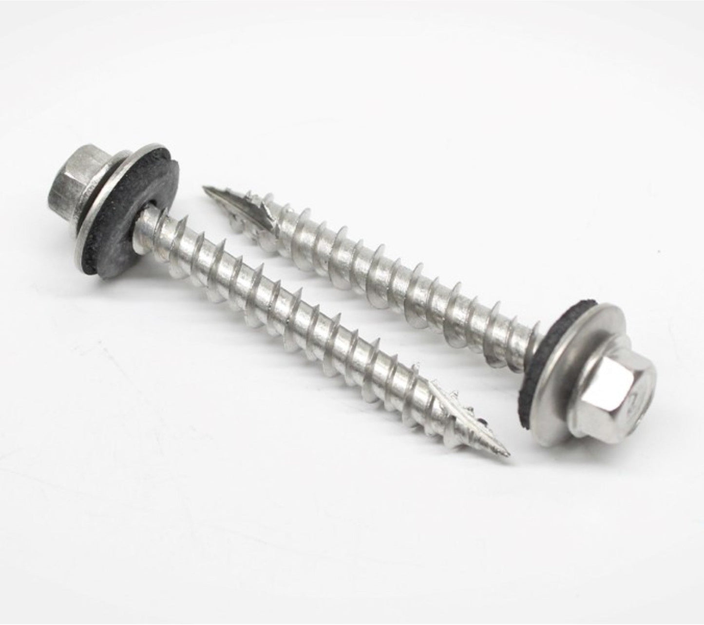 two Daggerz 304 stainless steel hex washer head pole barn screw with epdm washer
