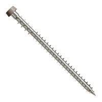 Metal screw with a threaded shaft and gray head on a white background