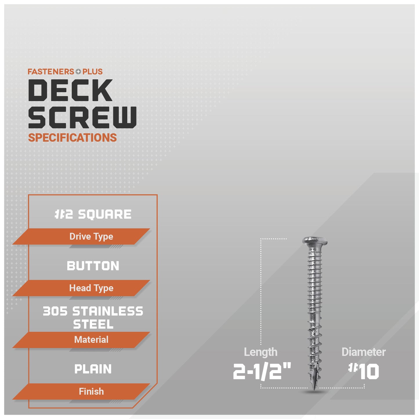 #10 x 2-1/2" Daggerz #2 Square Button Head Composite Deck Screw - 305 Stainless Steel, Pkg. 2,000