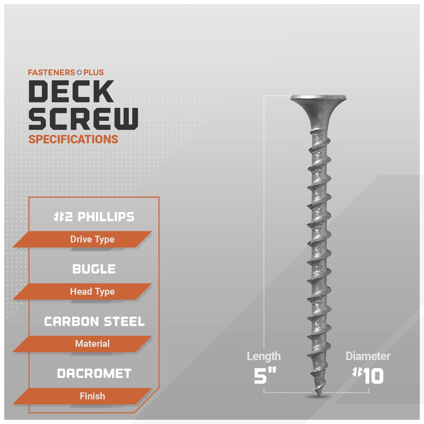 #10 x 5" Daggerz #2 Phillips Bugle Head Deck Screw - Dacromet, Pkg. 1,000