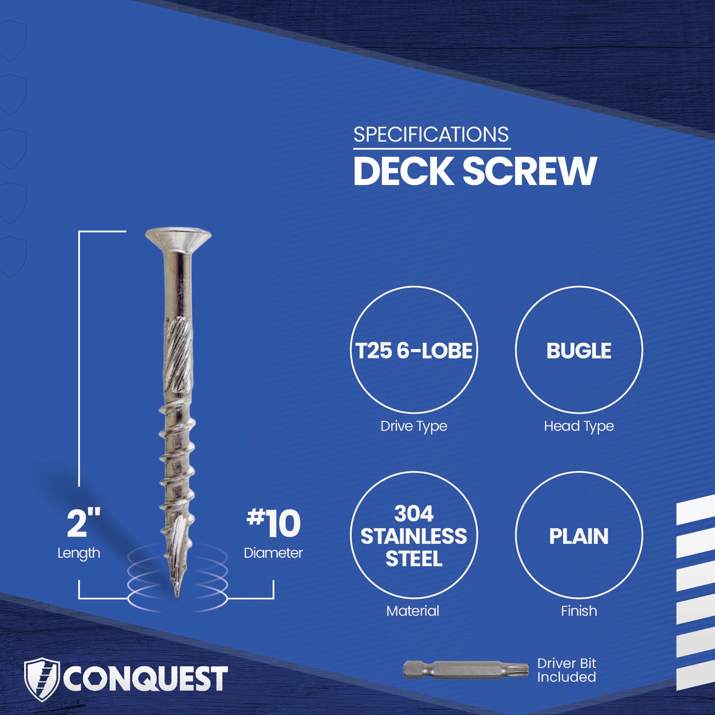 Deck screw with specifications on a blue background